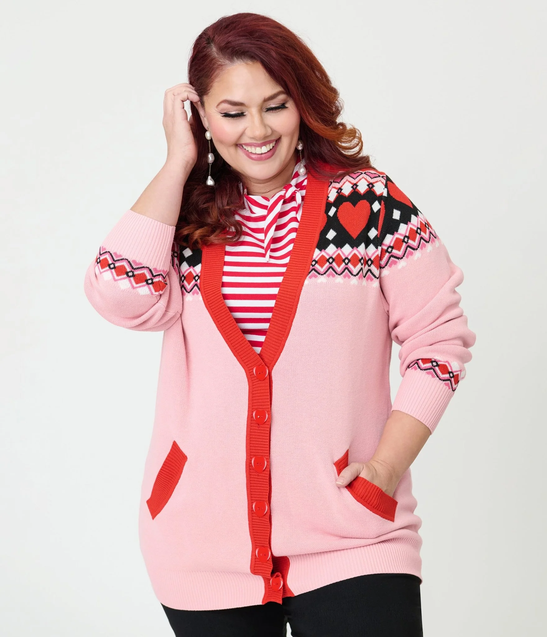 Unique Vintage Plus Size Pink Valentine Fair Isle Button Cardigan - Image 3