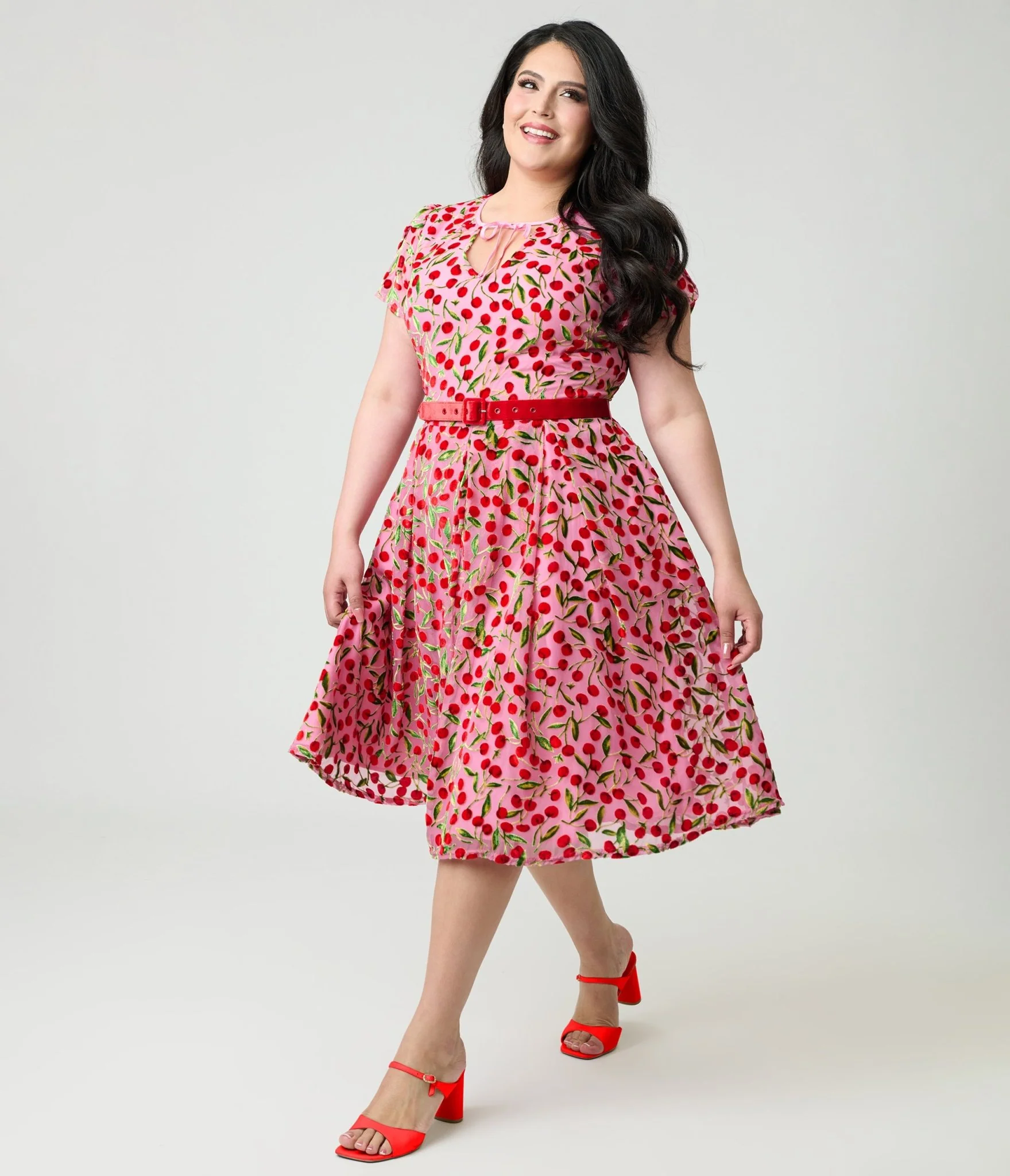 Unique Vintage Plus Size Pink Velvet Cherries Dahlia Swing Dress