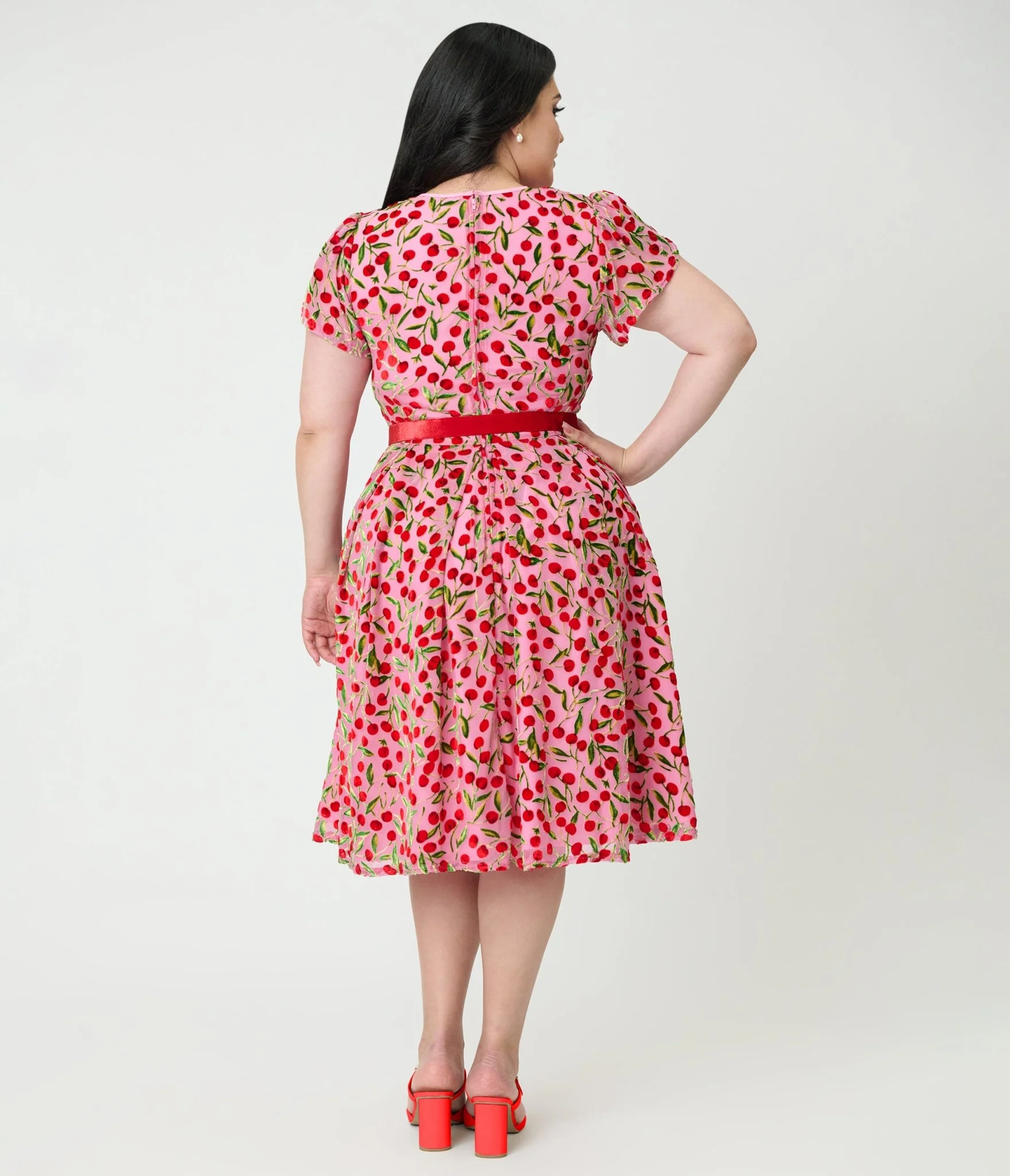 Unique Vintage Plus Size Pink Velvet Cherries Dahlia Swing Dress - Image 2