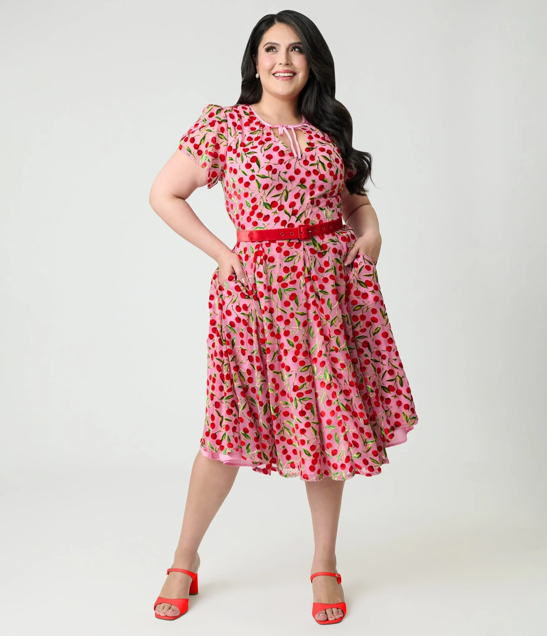 Unique Vintage Plus Size Pink Velvet Cherries Dahlia Swing Dress - Image 3