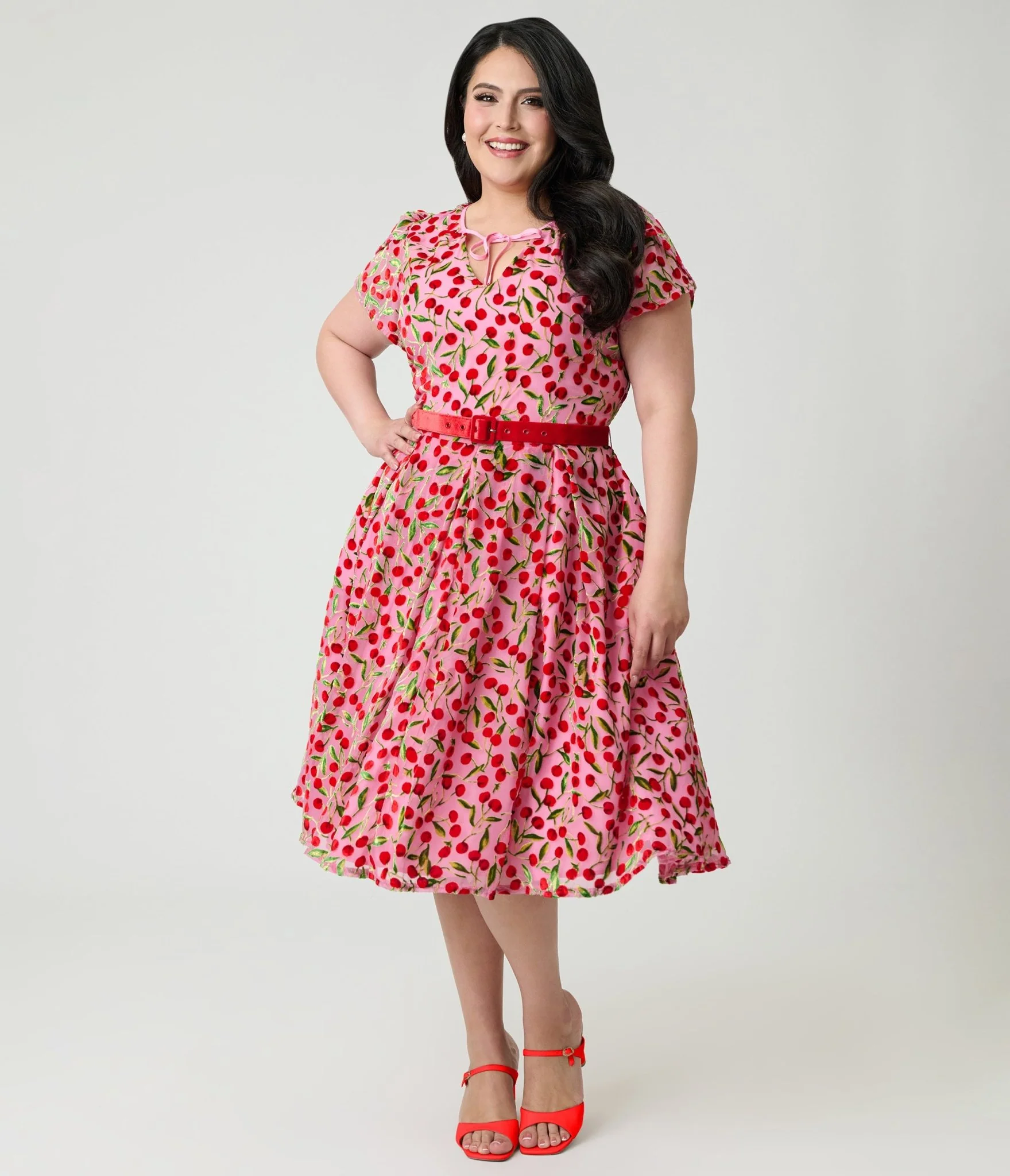 Unique Vintage Plus Size Pink Velvet Cherries Dahlia Swing Dress - Image 4