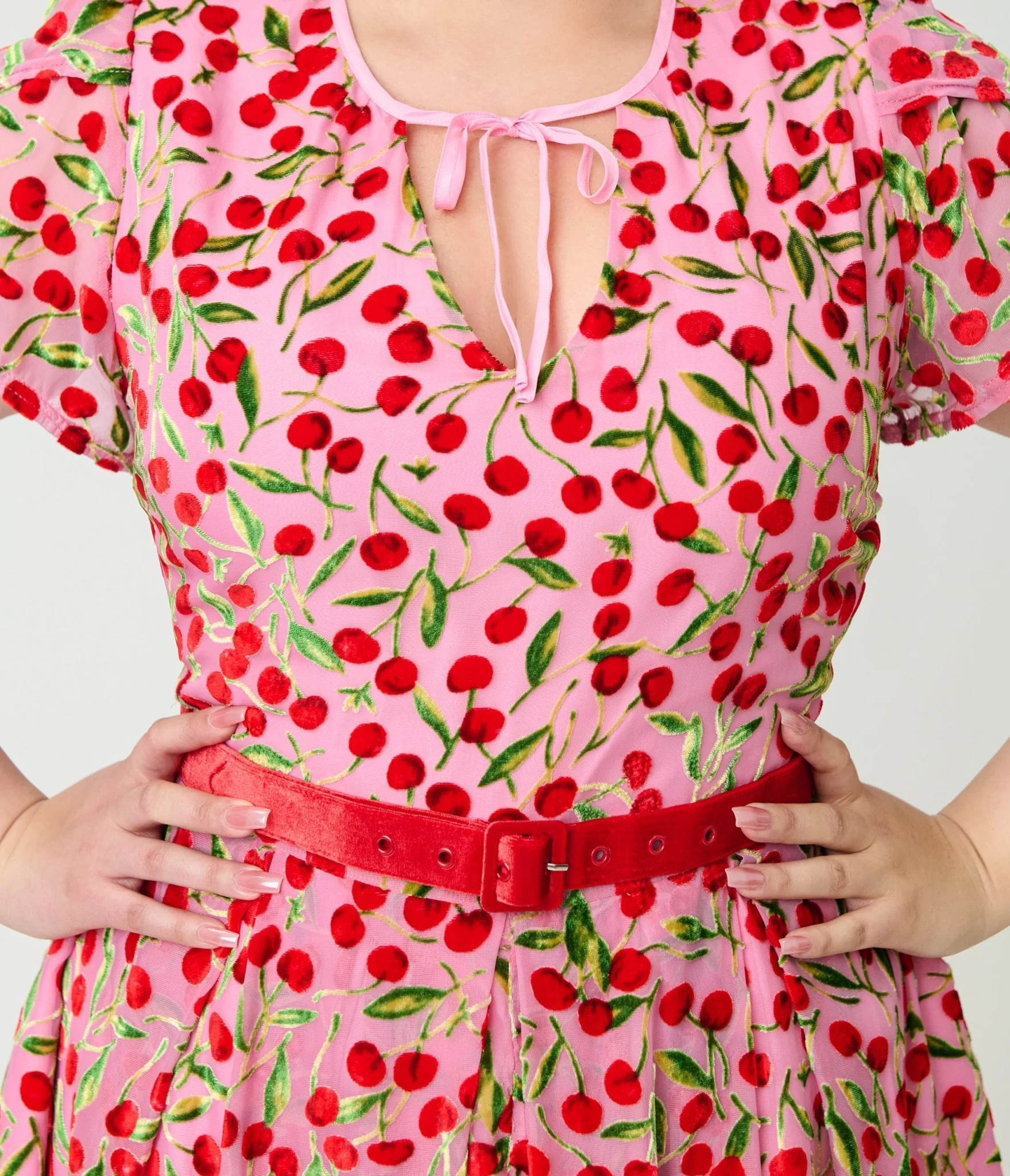 Unique Vintage Plus Size Pink Velvet Cherries Dahlia Swing Dress - Image 5