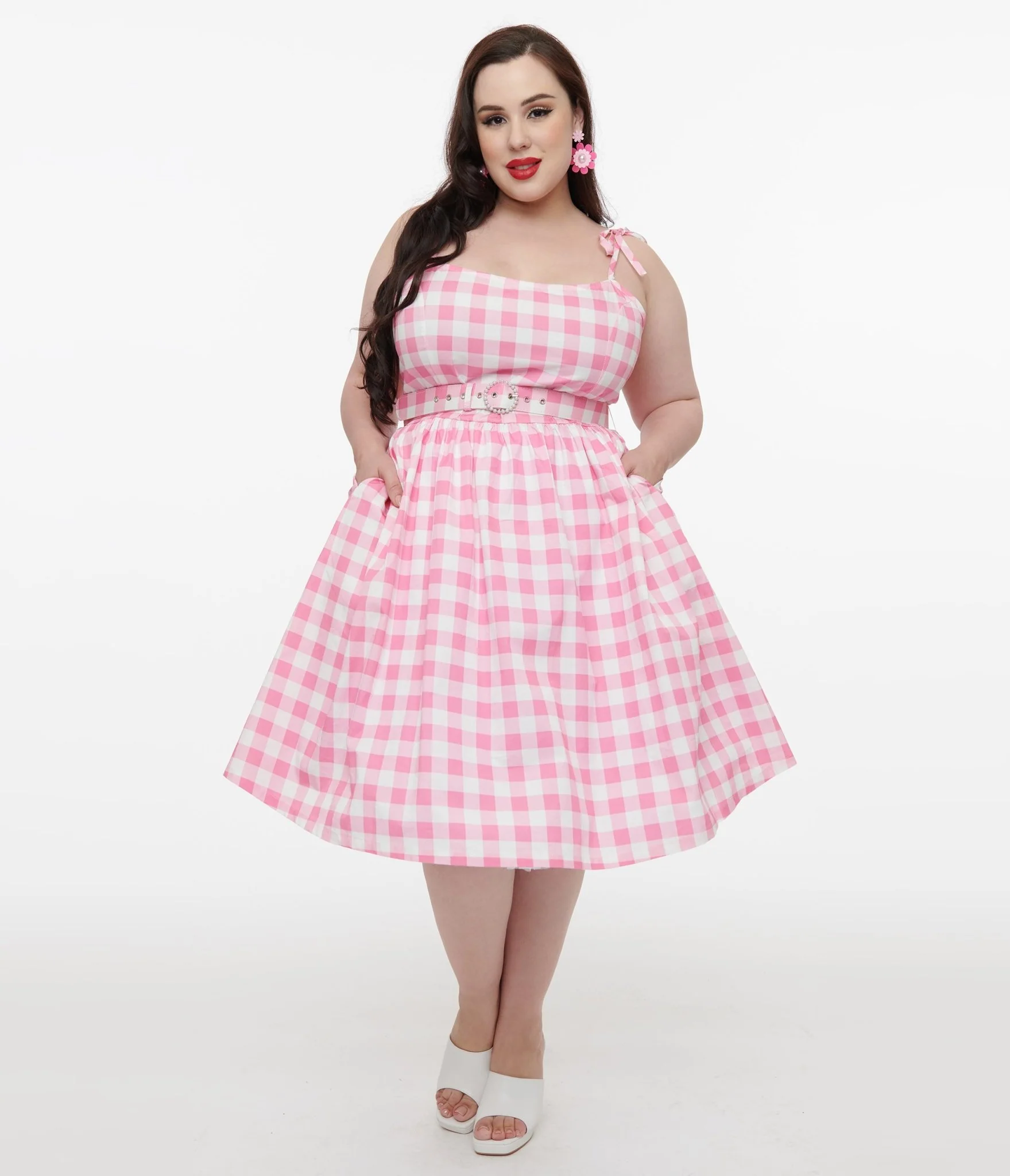 Unique Vintage Plus Size Pink & White Gingham Bobbie Swing Dress - Image 3