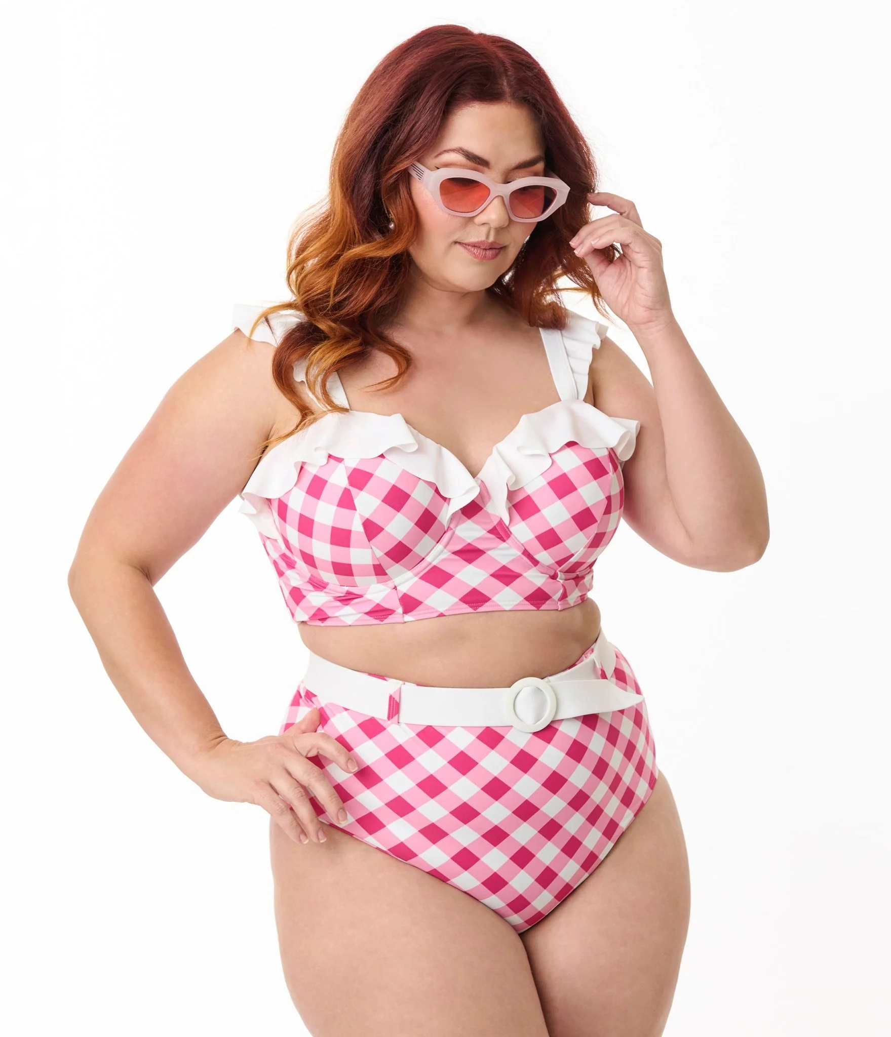 Unique Vintage Plus Size Pink & White Gingham Southampton Swim Top - Image 3