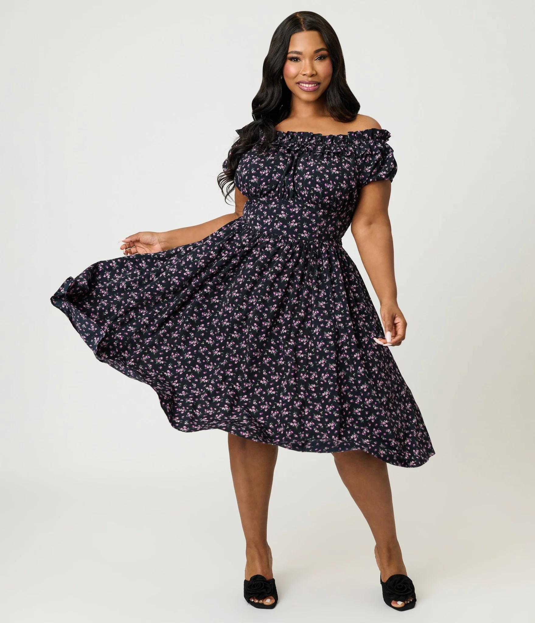 Unique Vintage Plus Size Purple Ditzy Off The Shoulder Ruffle Swing Dress - Image 3