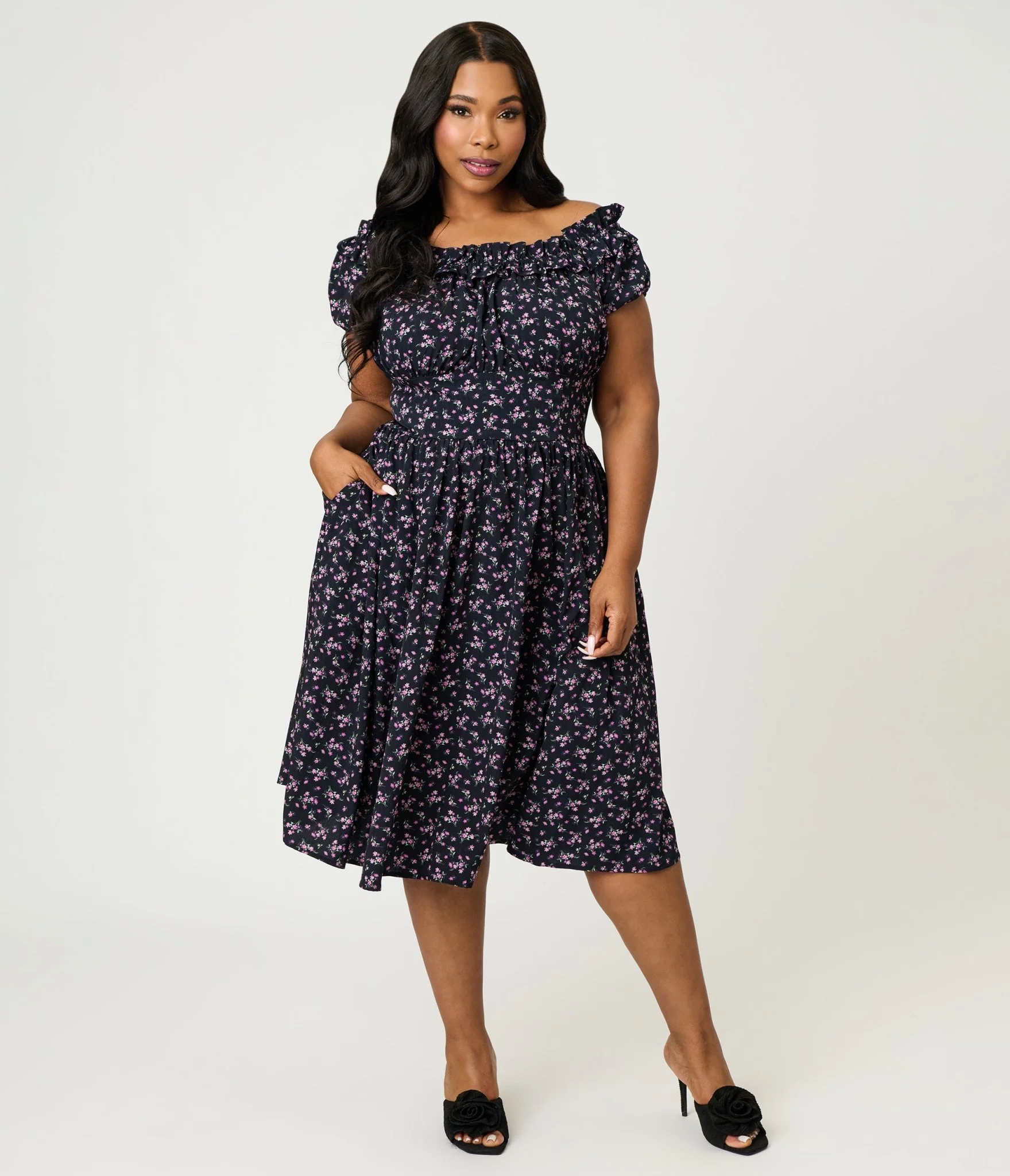 Unique Vintage Plus Size Purple Ditzy Off The Shoulder Ruffle Swing Dress - Image 4
