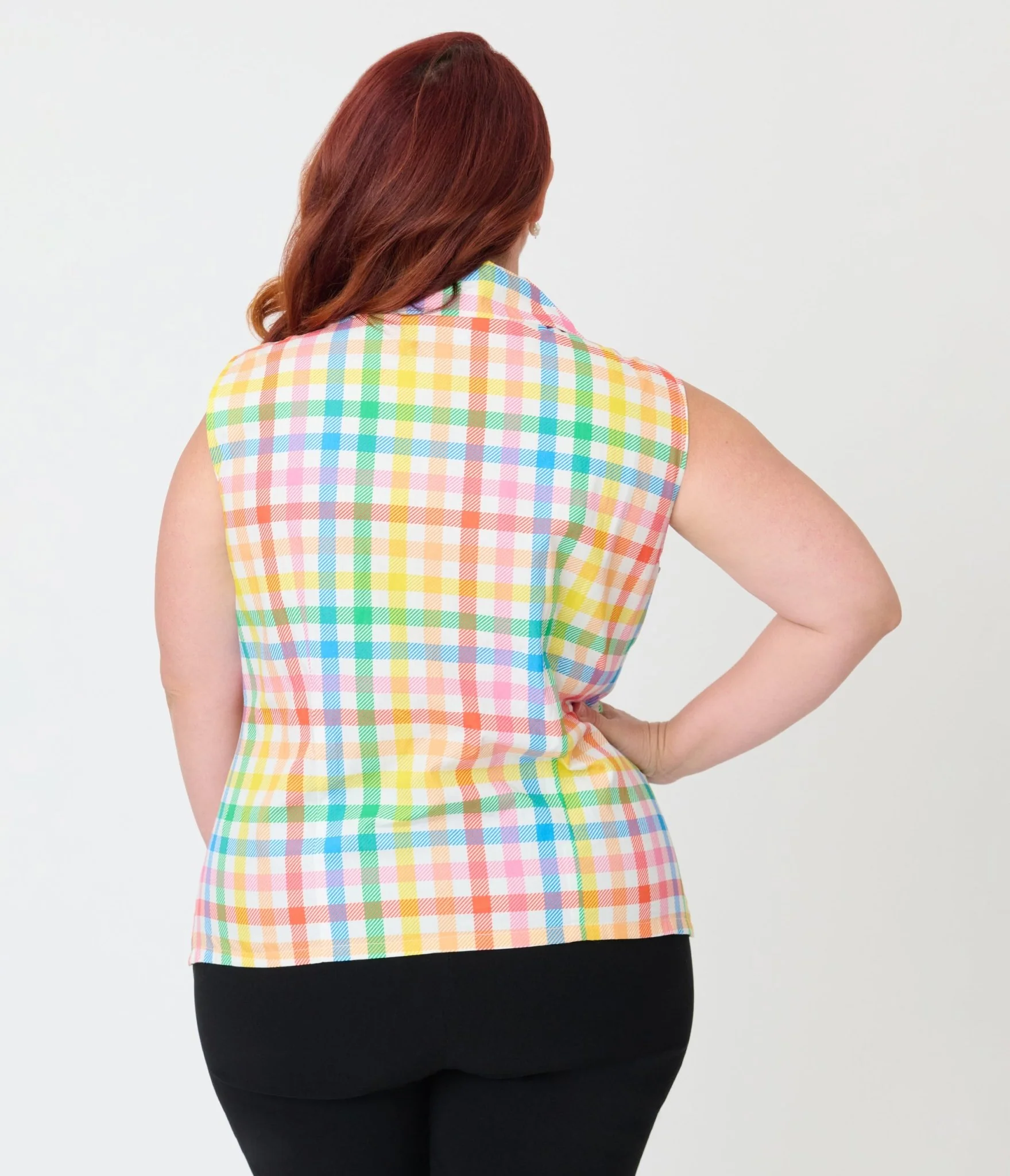 Unique Vintage Plus Size Rainbow Gingham Notched Collar Cotton Blouse - Image 2