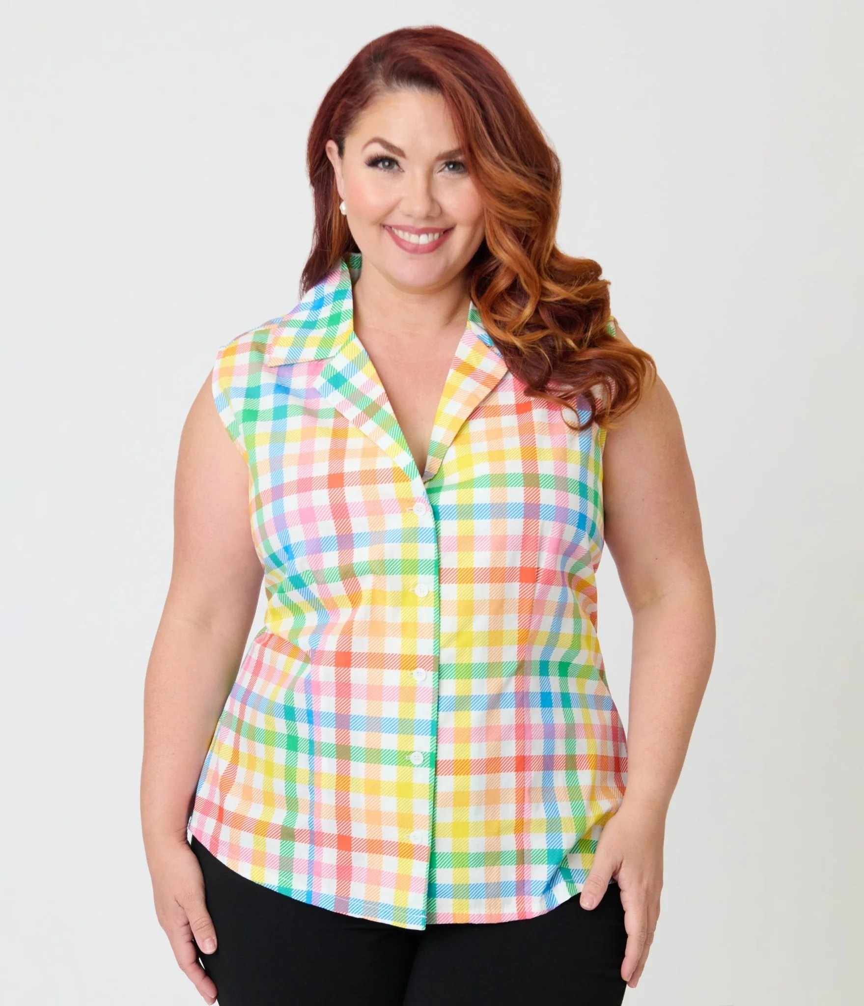 Unique Vintage Plus Size Rainbow Gingham Notched Collar Cotton Blouse - Image 3