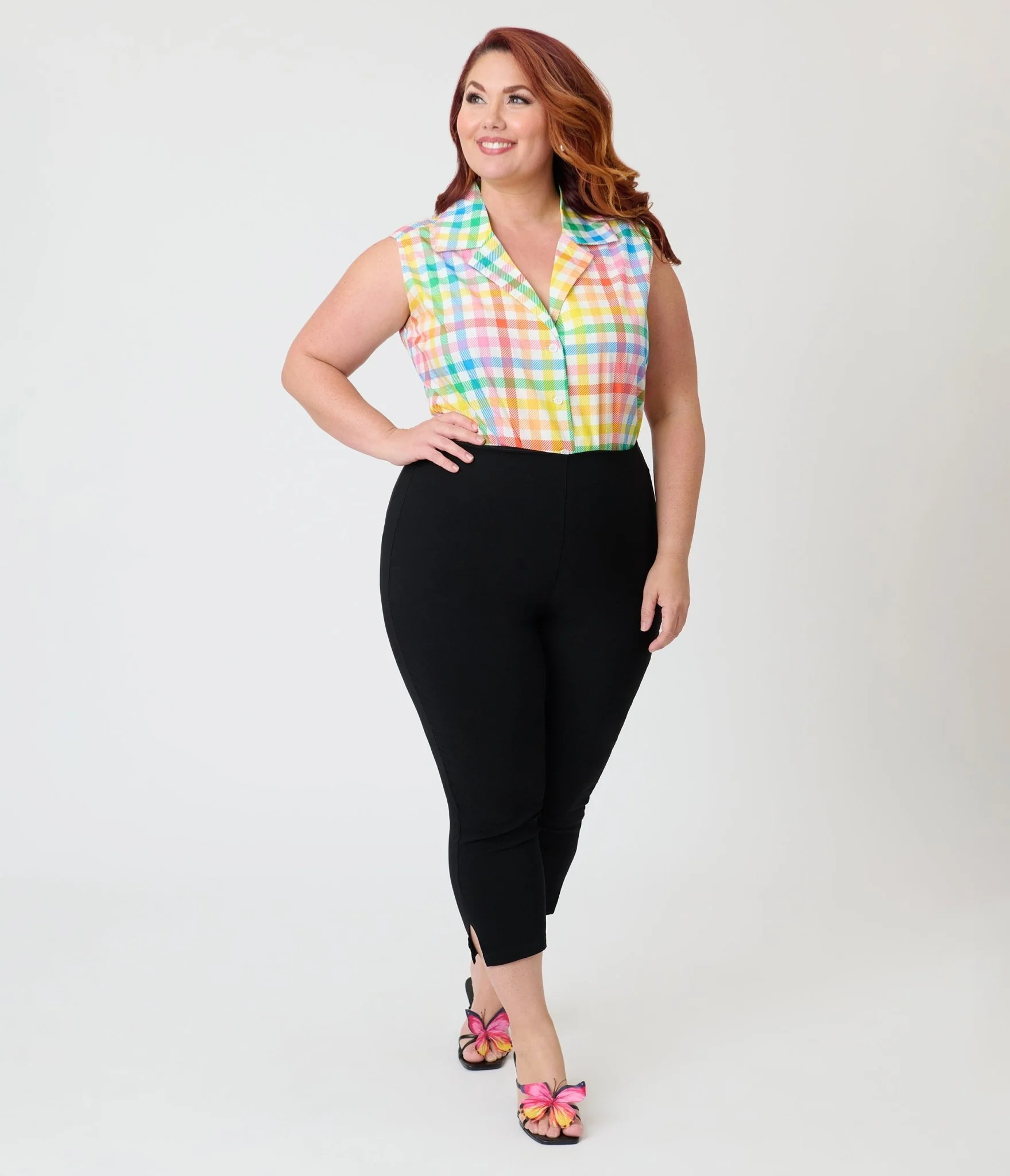 Unique Vintage Plus Size Rainbow Gingham Notched Collar Cotton Blouse - Image 4