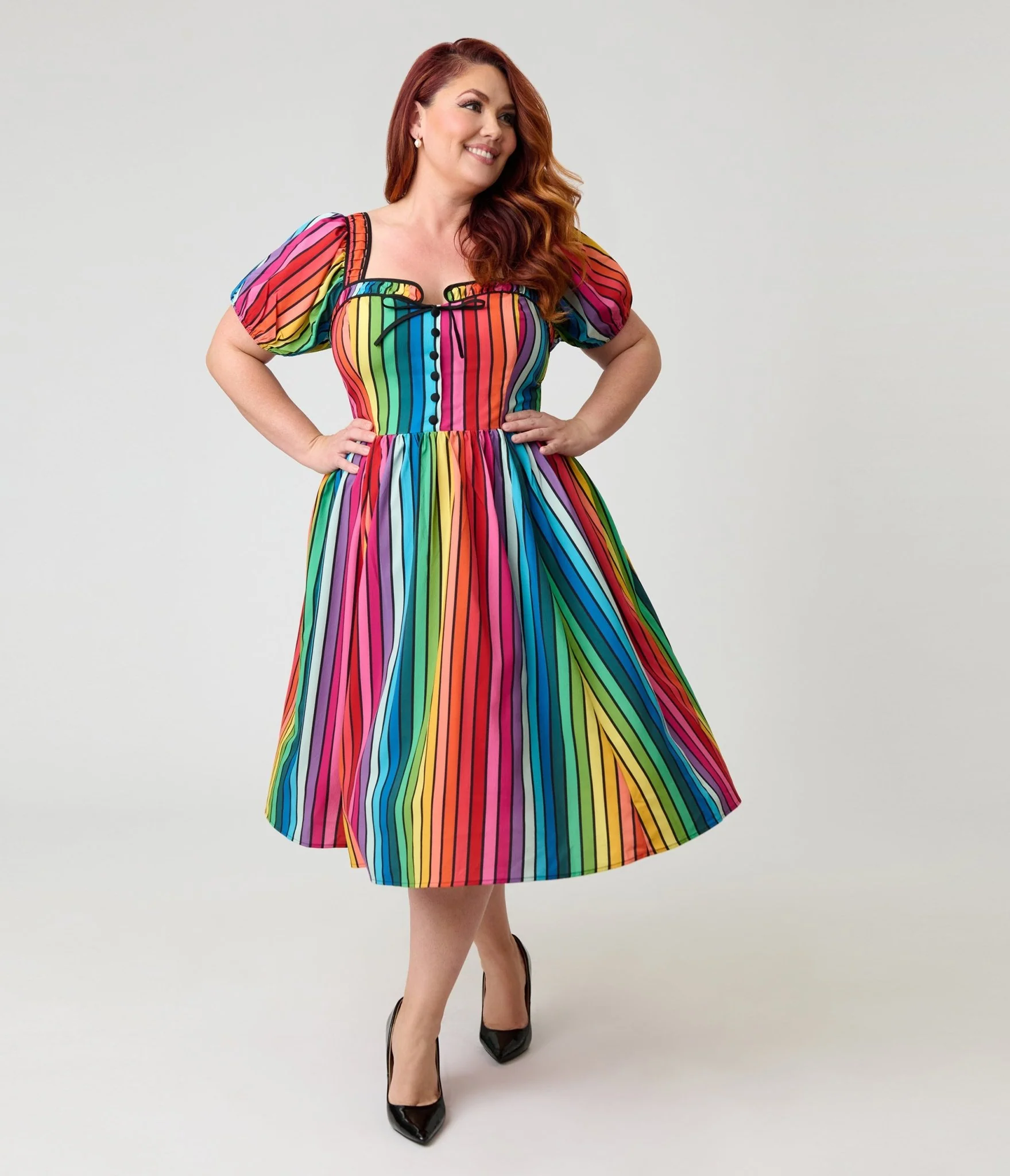 Unique Vintage Plus Size Rainbow Pride Striped Button Front Swing Dress