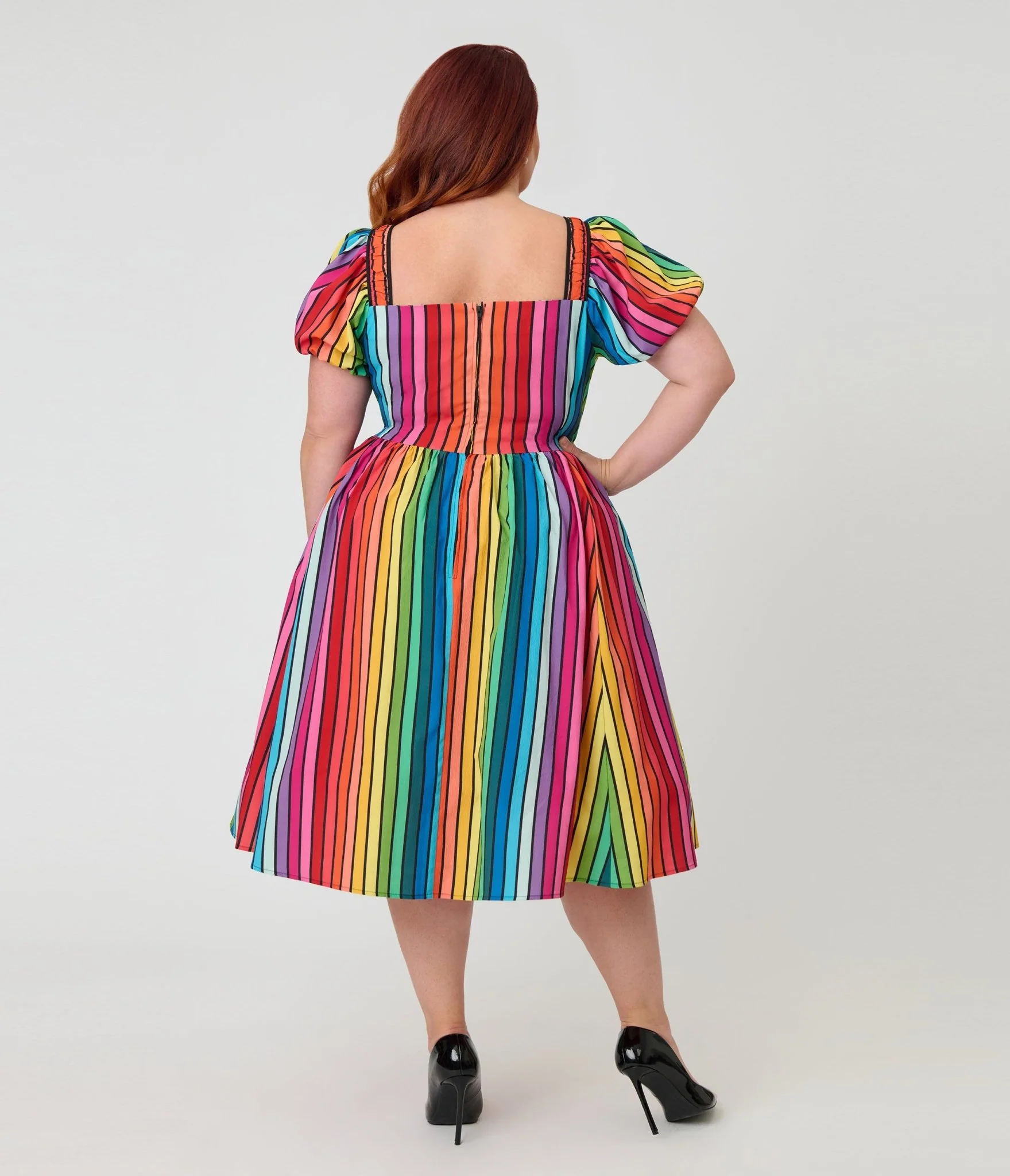 Unique Vintage Plus Size Rainbow Pride Striped Button Front Swing Dress - Image 2