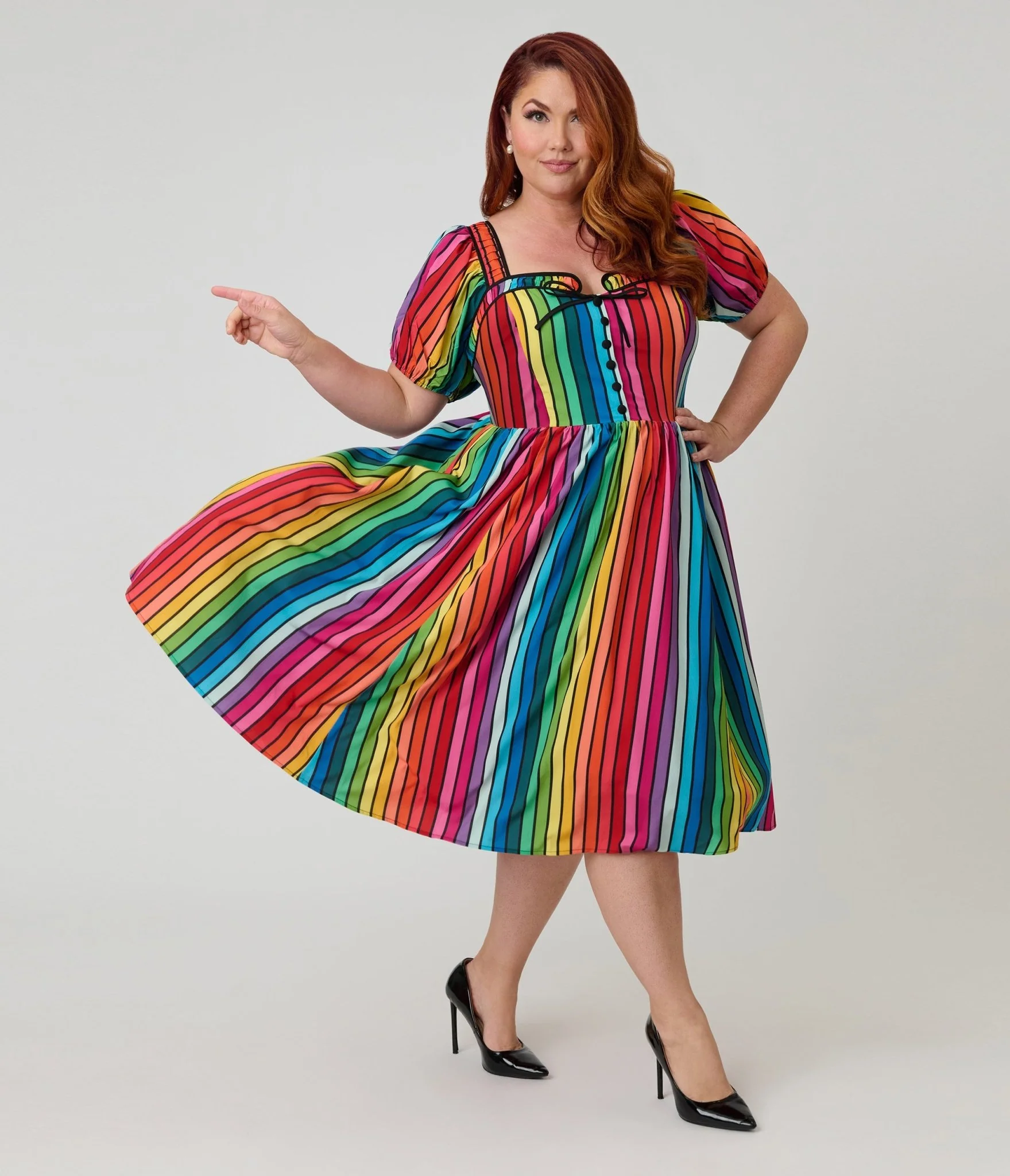 Unique Vintage Plus Size Rainbow Pride Striped Button Front Swing Dress - Image 3