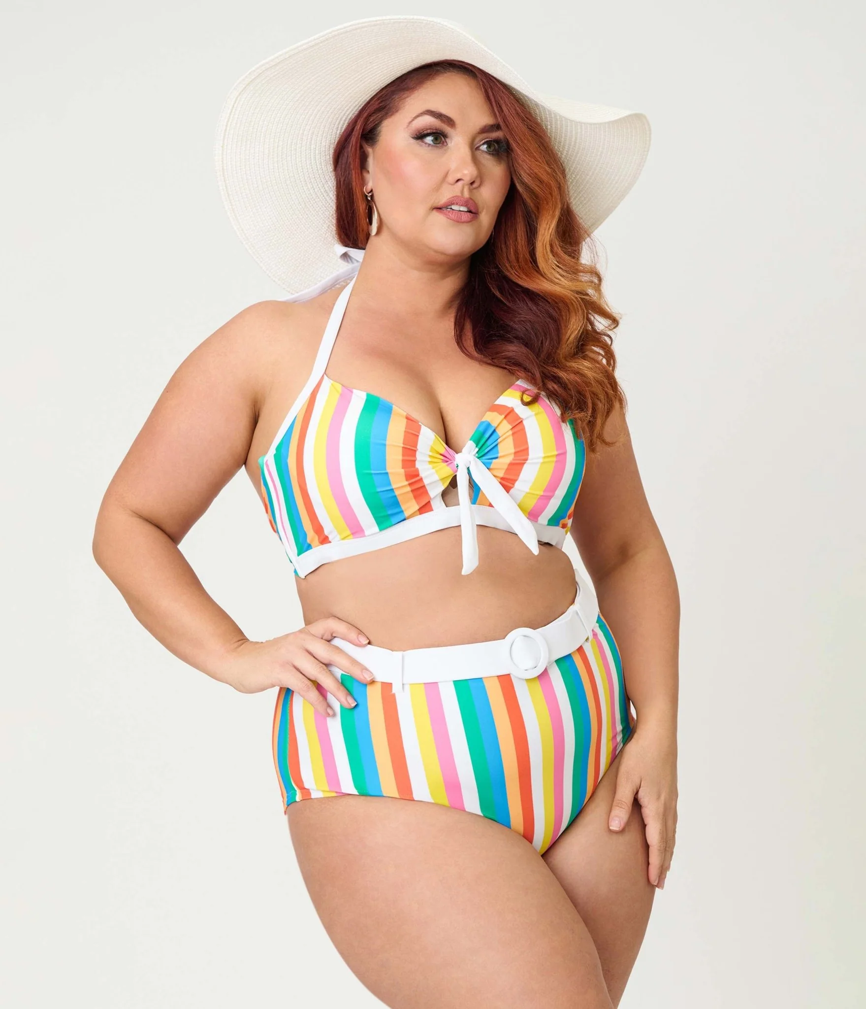 Unique Vintage Plus Size Rainbow Stripe Halter Swim Top - Image 3
