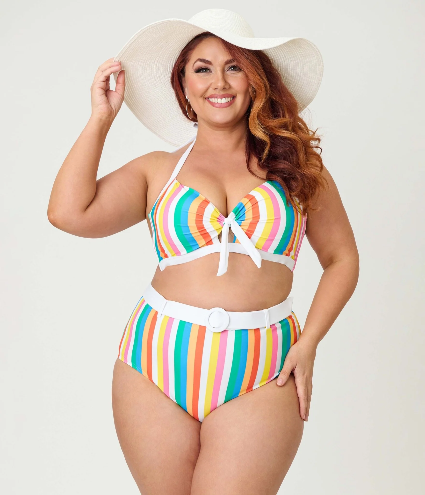 Unique Vintage Plus Size Rainbow Stripe Halter Swim Top - Image 4