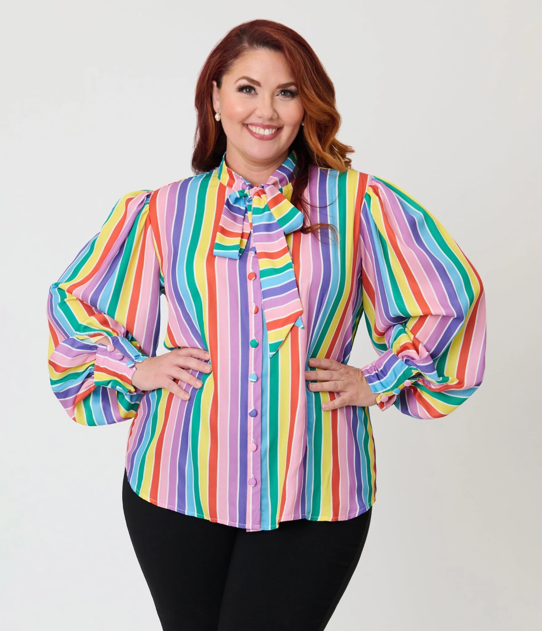 Unique Vintage Plus Size Rainbow Stripe Long Sleeve Gwen Blouse - Image 3