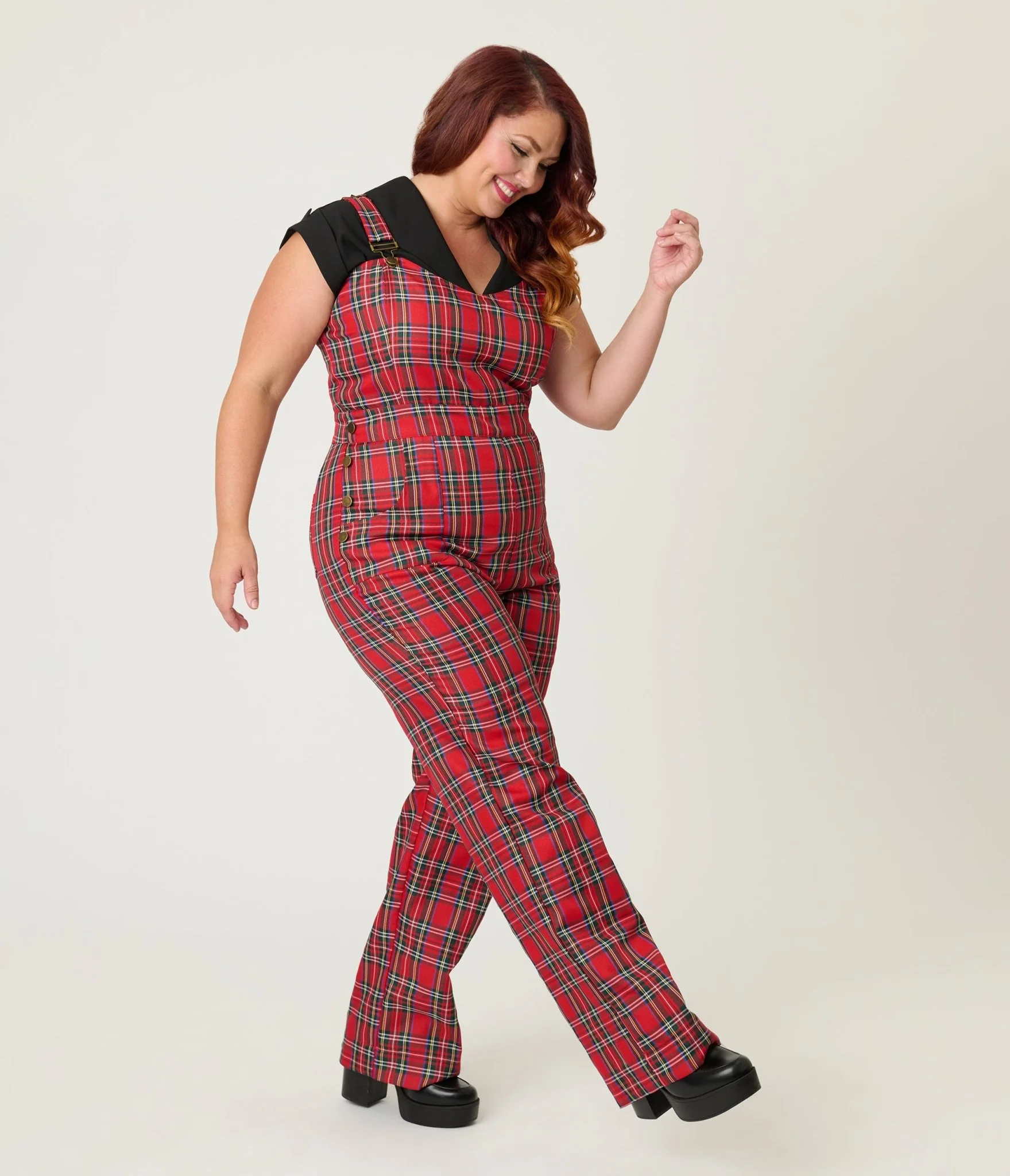Unique Vintage Plus Size Red Plaid Wide Leg Overalls
