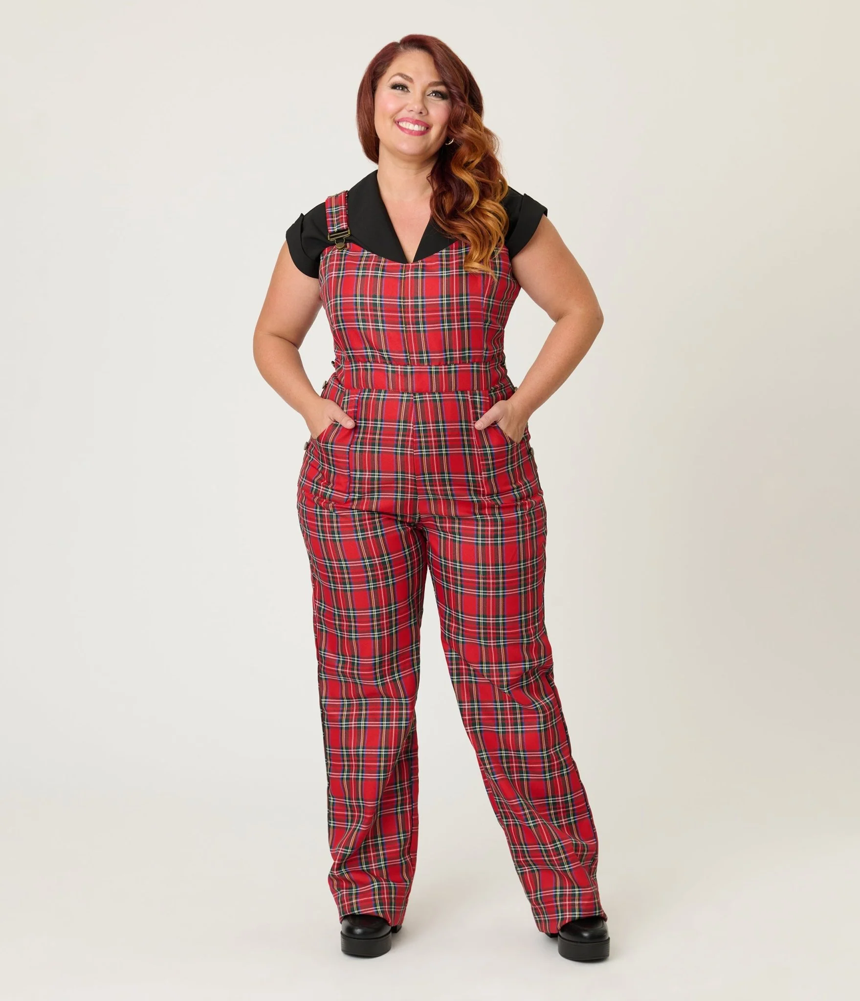 Unique Vintage Plus Size Red Plaid Wide Leg Overalls - Image 3