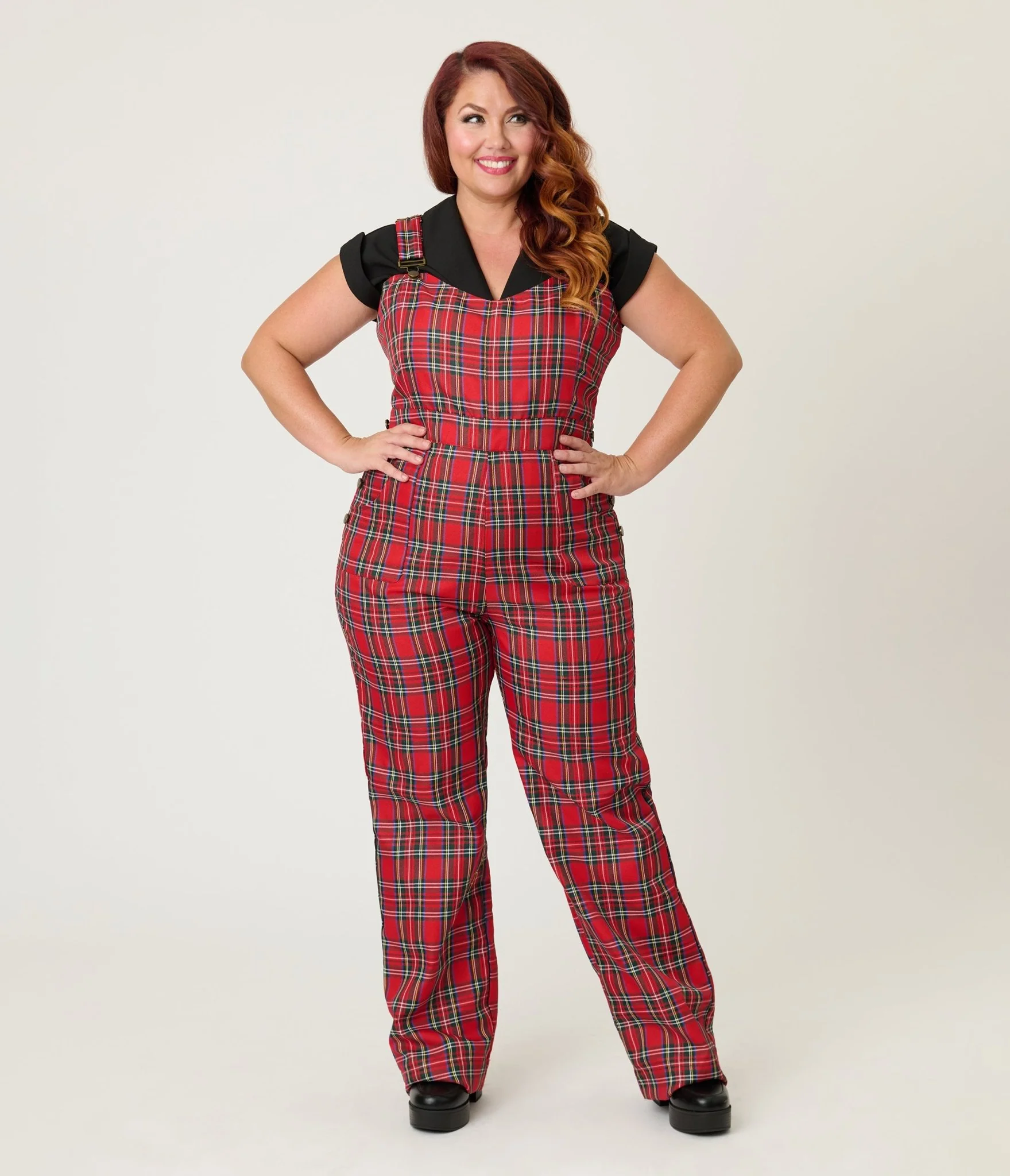 Unique Vintage Plus Size Red Plaid Wide Leg Overalls - Image 4