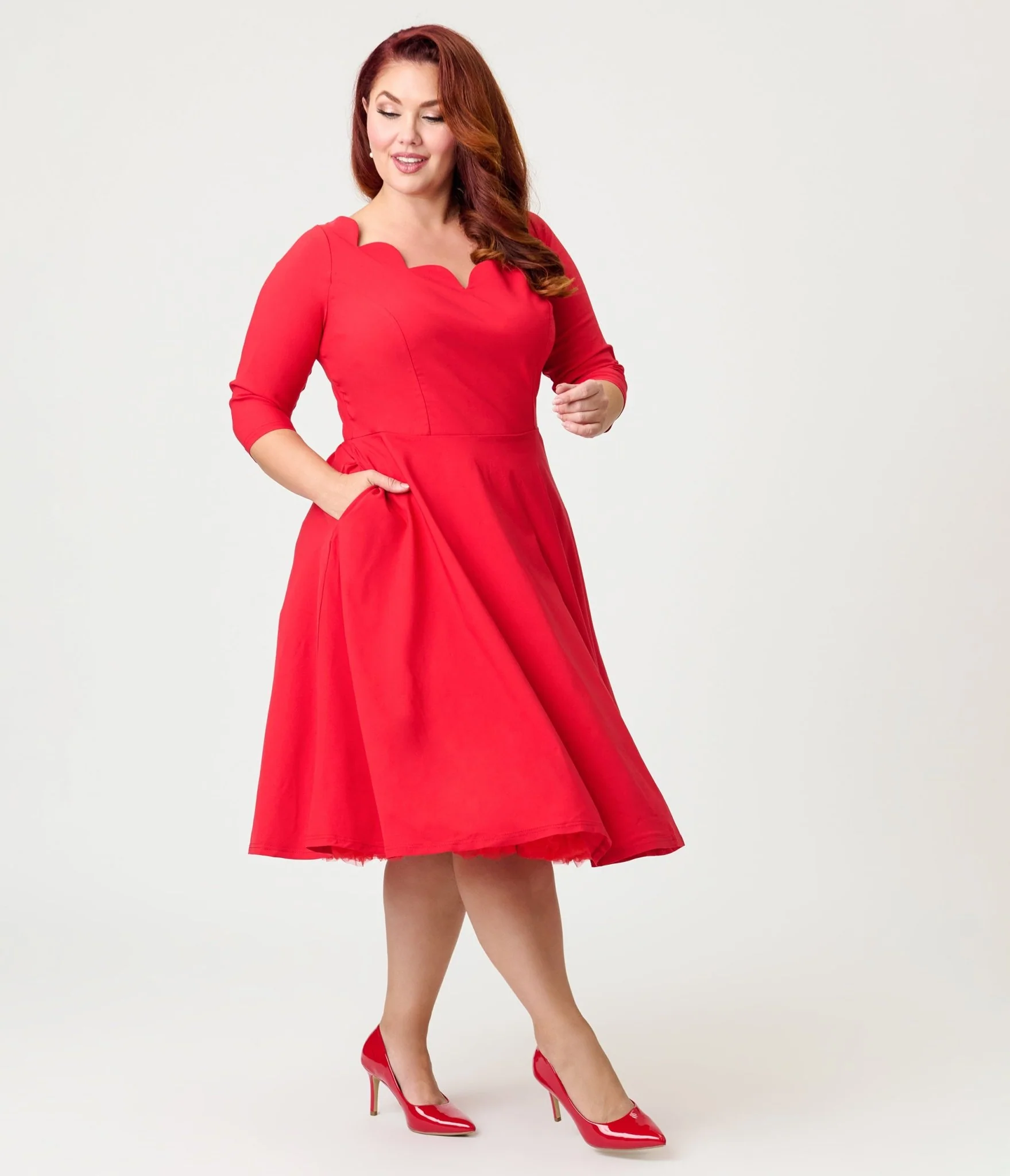 Unique Vintage Plus Size Red Scalloped Neck Swing Dress - Image 3