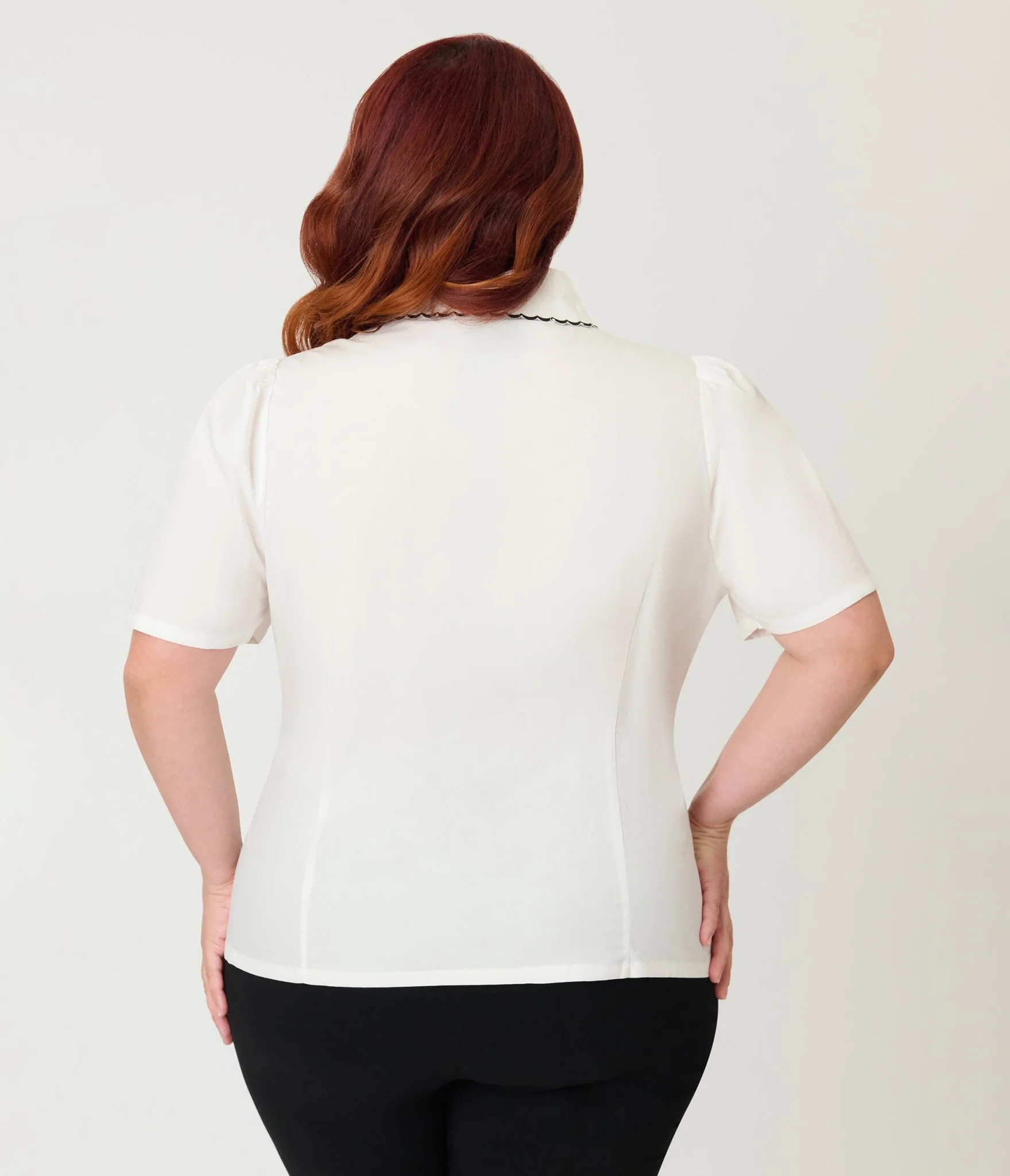 Unique Vintage Plus Size Red White & Blue Butterfly Collar Cotton Blouse - Image 2