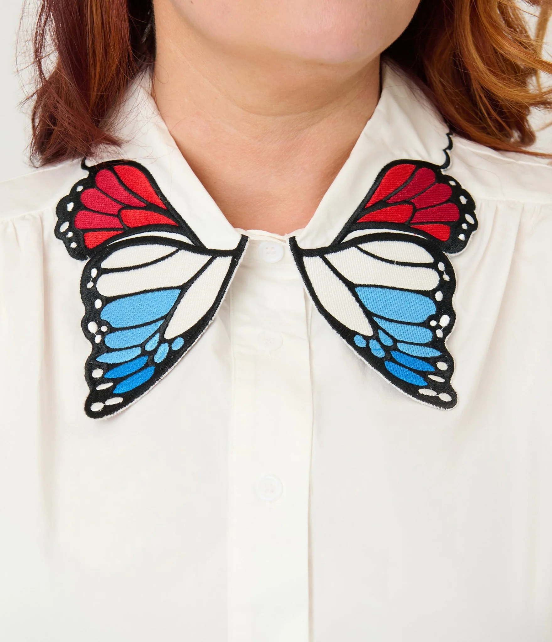 Unique Vintage Plus Size Red White & Blue Butterfly Collar Cotton Blouse - Image 5