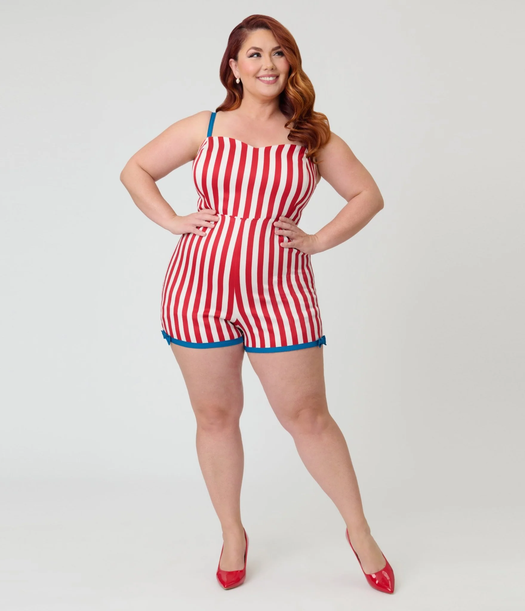 Unique Vintage Plus Size Red & White Stripe Ossining Romper - Image 2