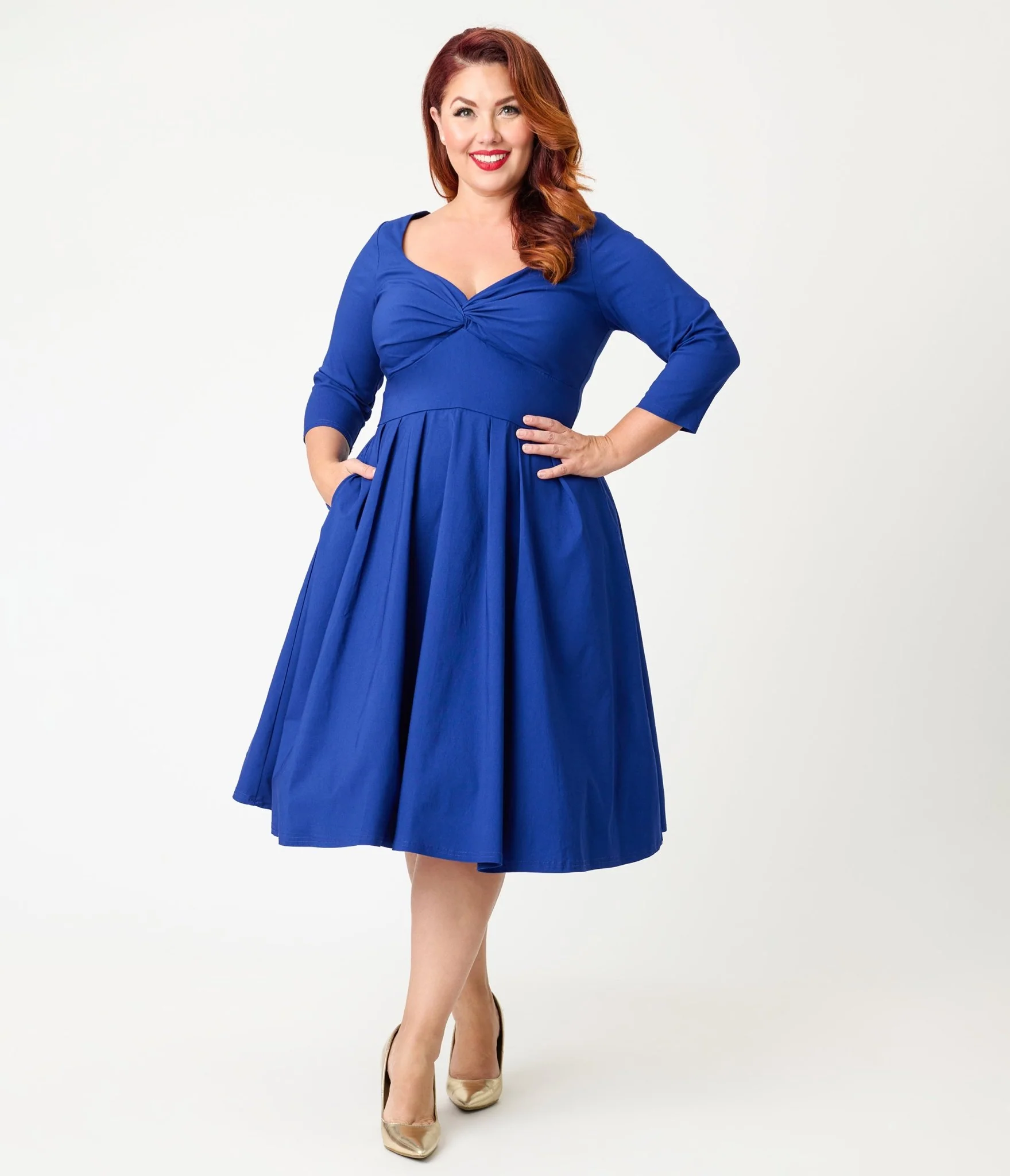 Unique Vintage Plus Size Royal Blue Bengaline Front Twist Swing Dress