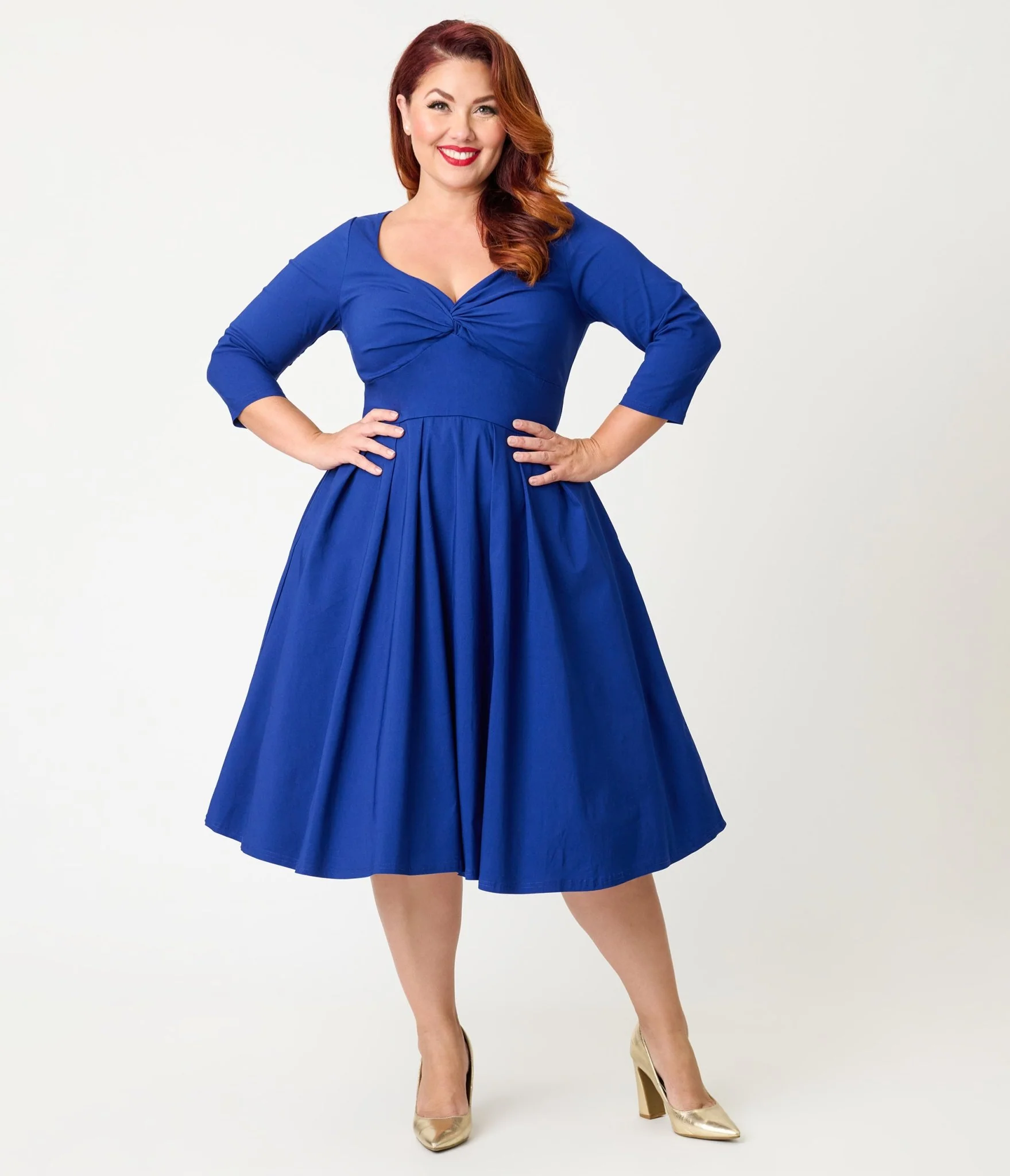Unique Vintage Plus Size Royal Blue Bengaline Front Twist Swing Dress - Image 3