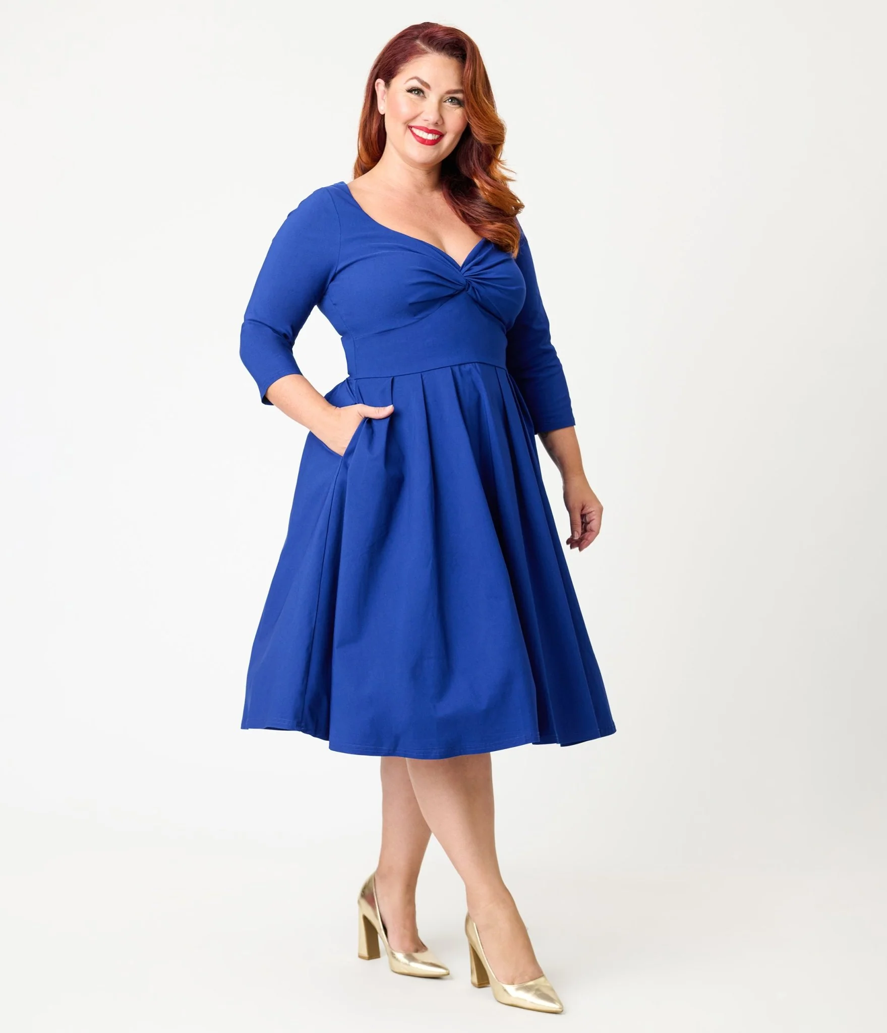Unique Vintage Plus Size Royal Blue Bengaline Front Twist Swing Dress - Image 4