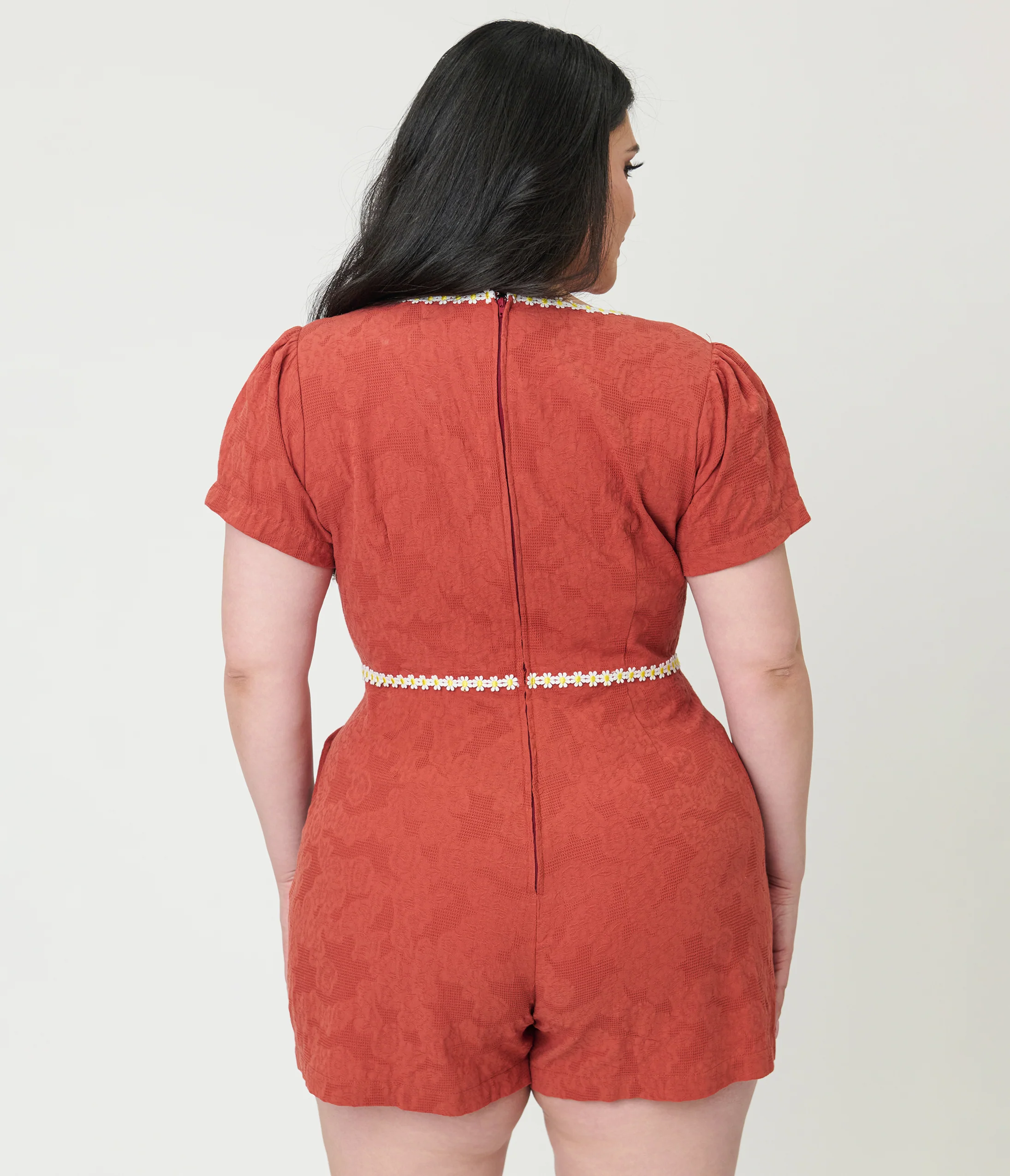 Unique Vintage Plus Size Rust Red & Daisy Cotton Romper - Image 2