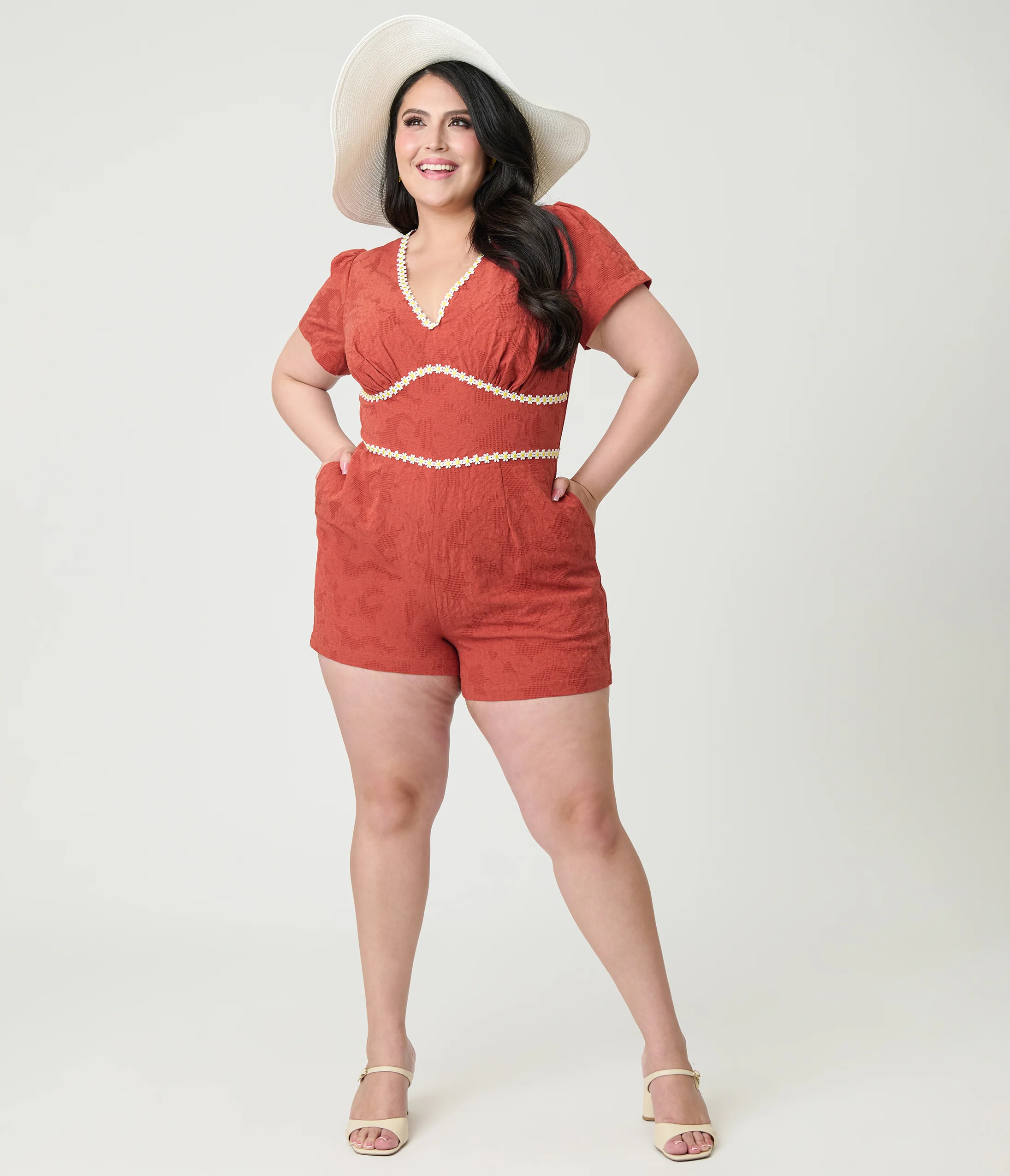 Unique Vintage Plus Size Rust Red & Daisy Cotton Romper - Image 3