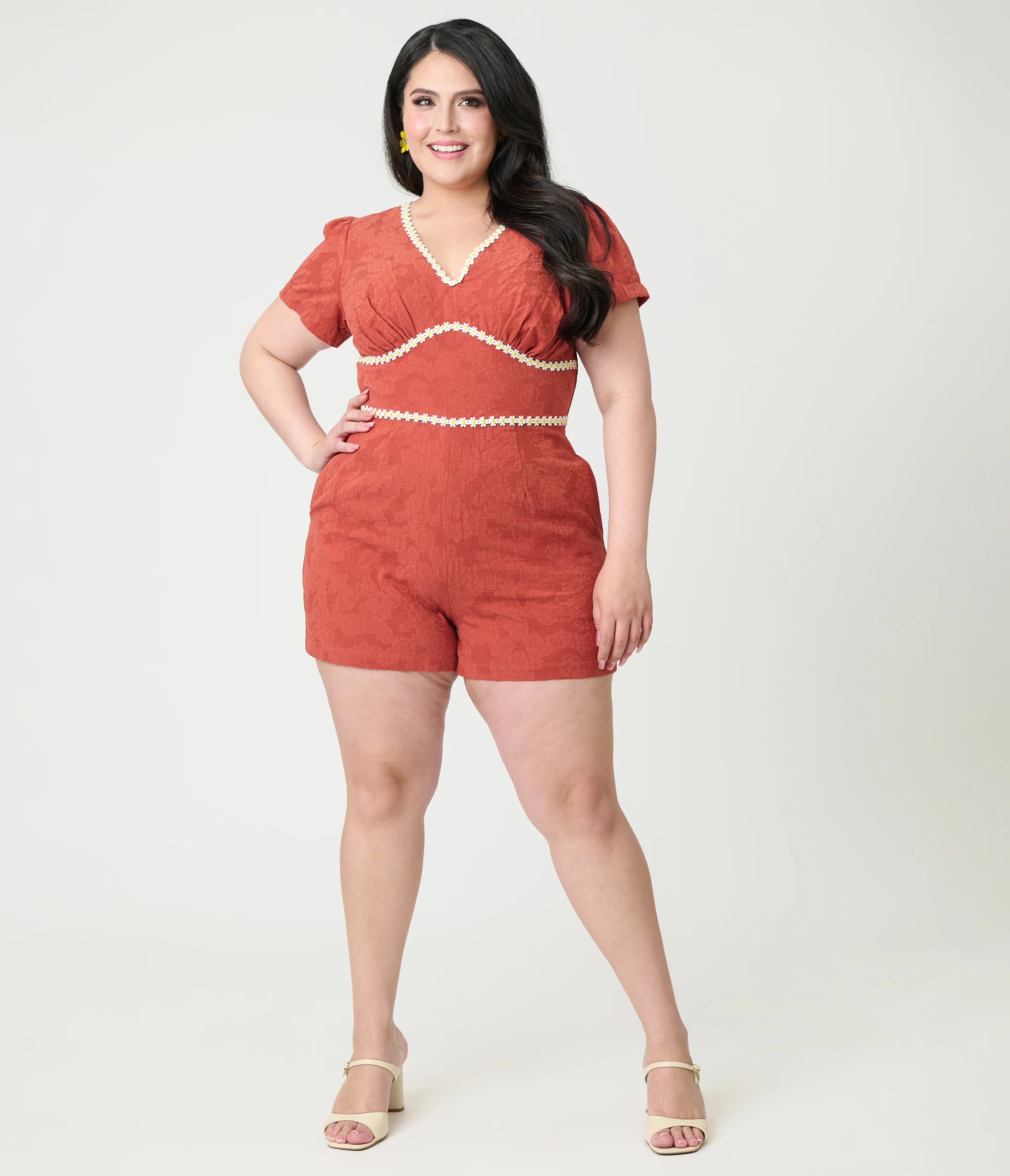 Unique Vintage Plus Size Rust Red & Daisy Cotton Romper - Image 4
