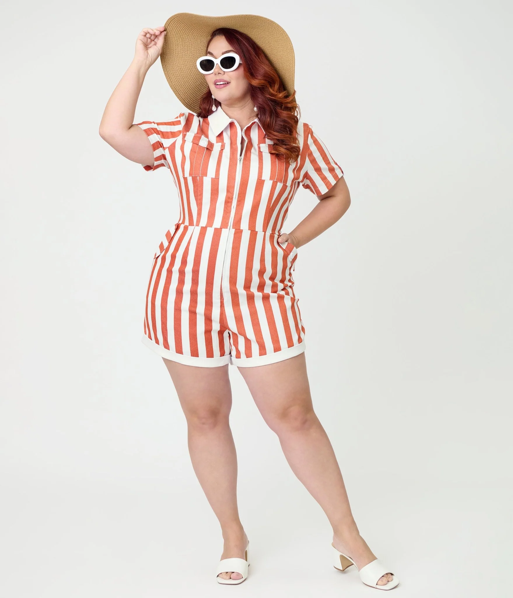 Unique Vintage Plus Size Rust & White Stripe Mia Romper - Image 4