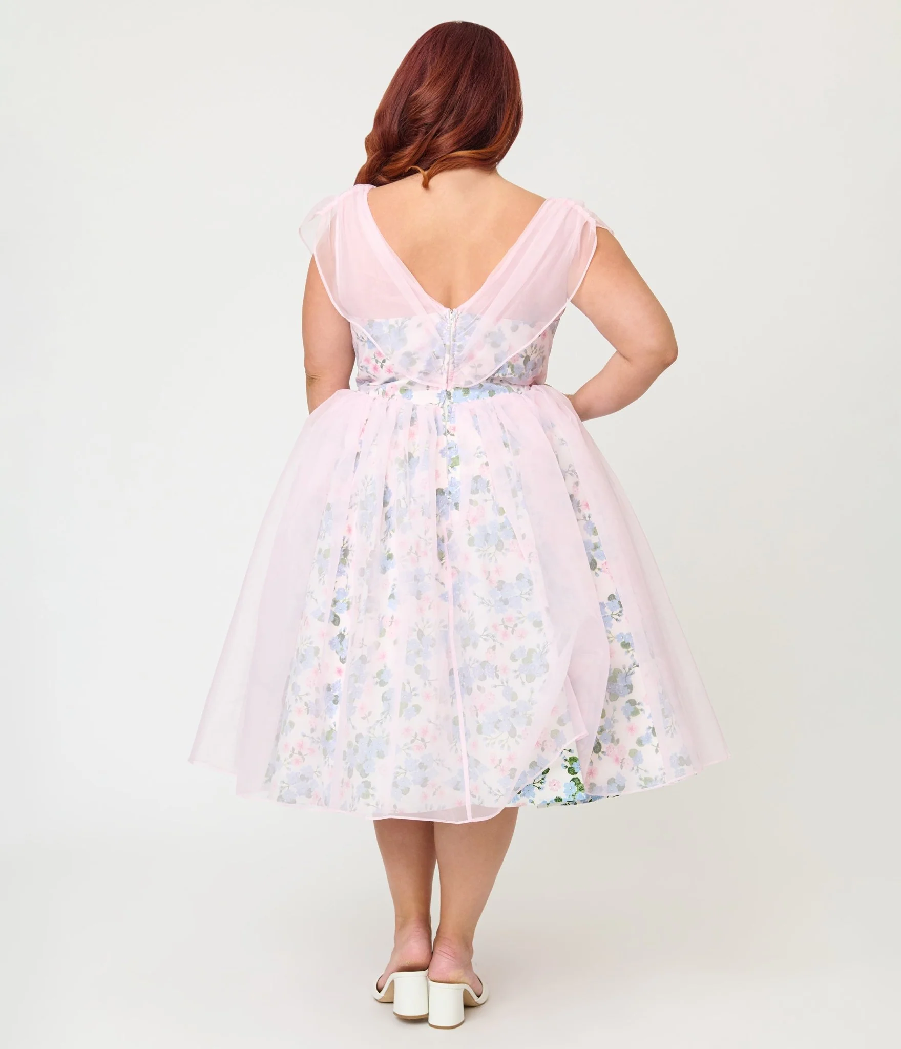 Unique Vintage Plus Size Sheer Pink Chiffon & Rose Modern Art Swing Dress - Image 2