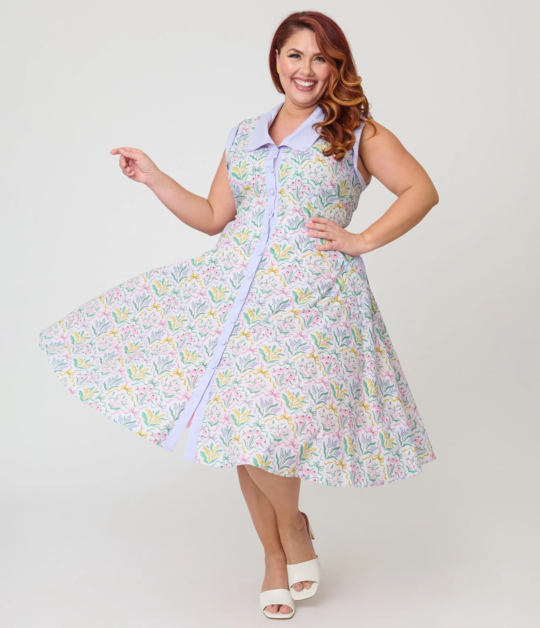 Unique Vintage Plus Size Spring Bouquet Cotton Shirt Dress - Image 3