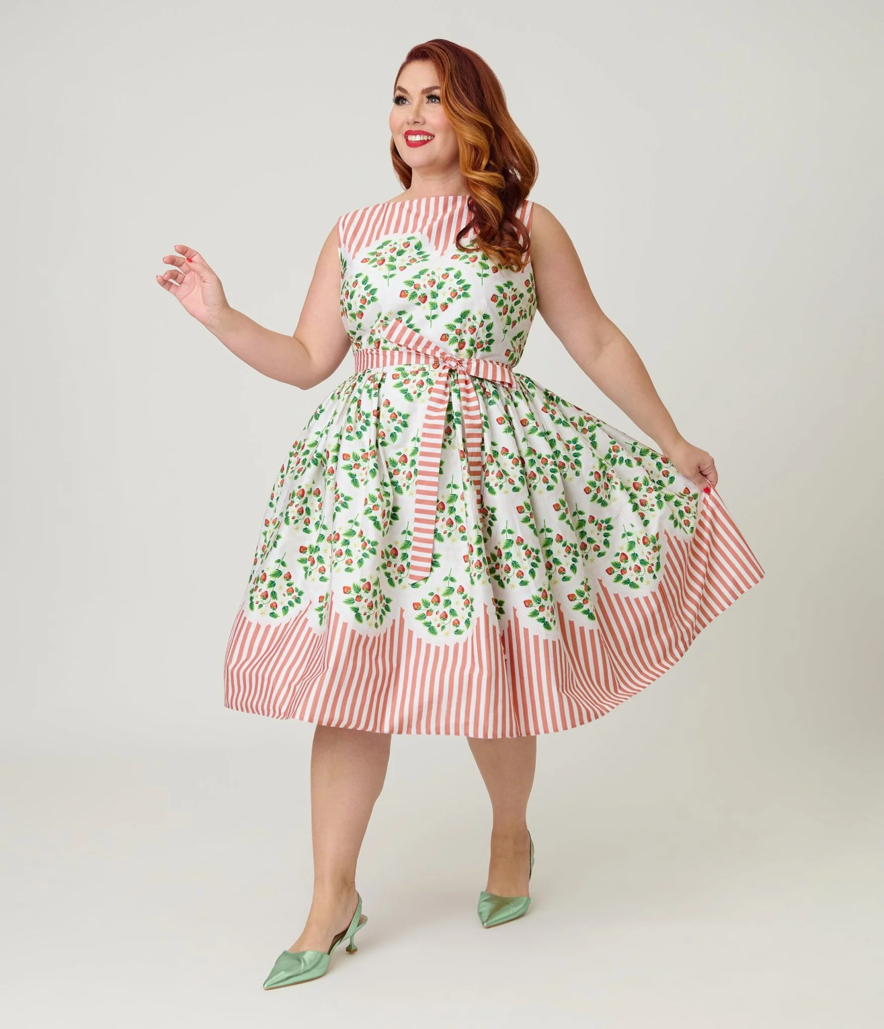 Unique Vintage Plus Size Strawberry & Stripe Sleeveless Cotton Swing Dress - Image 3