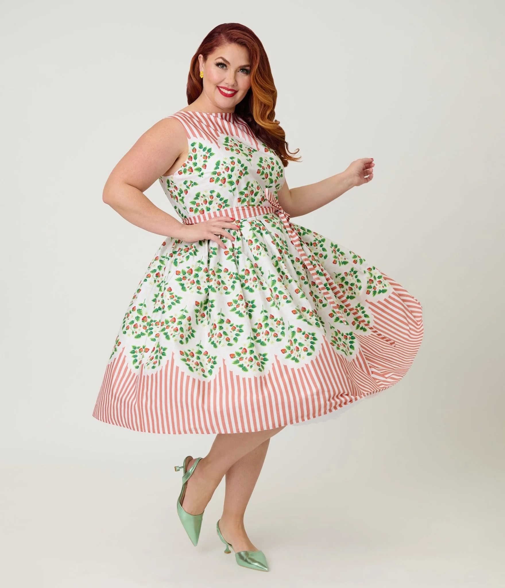 Unique Vintage Plus Size Strawberry & Stripe Sleeveless Cotton Swing Dress - Image 4