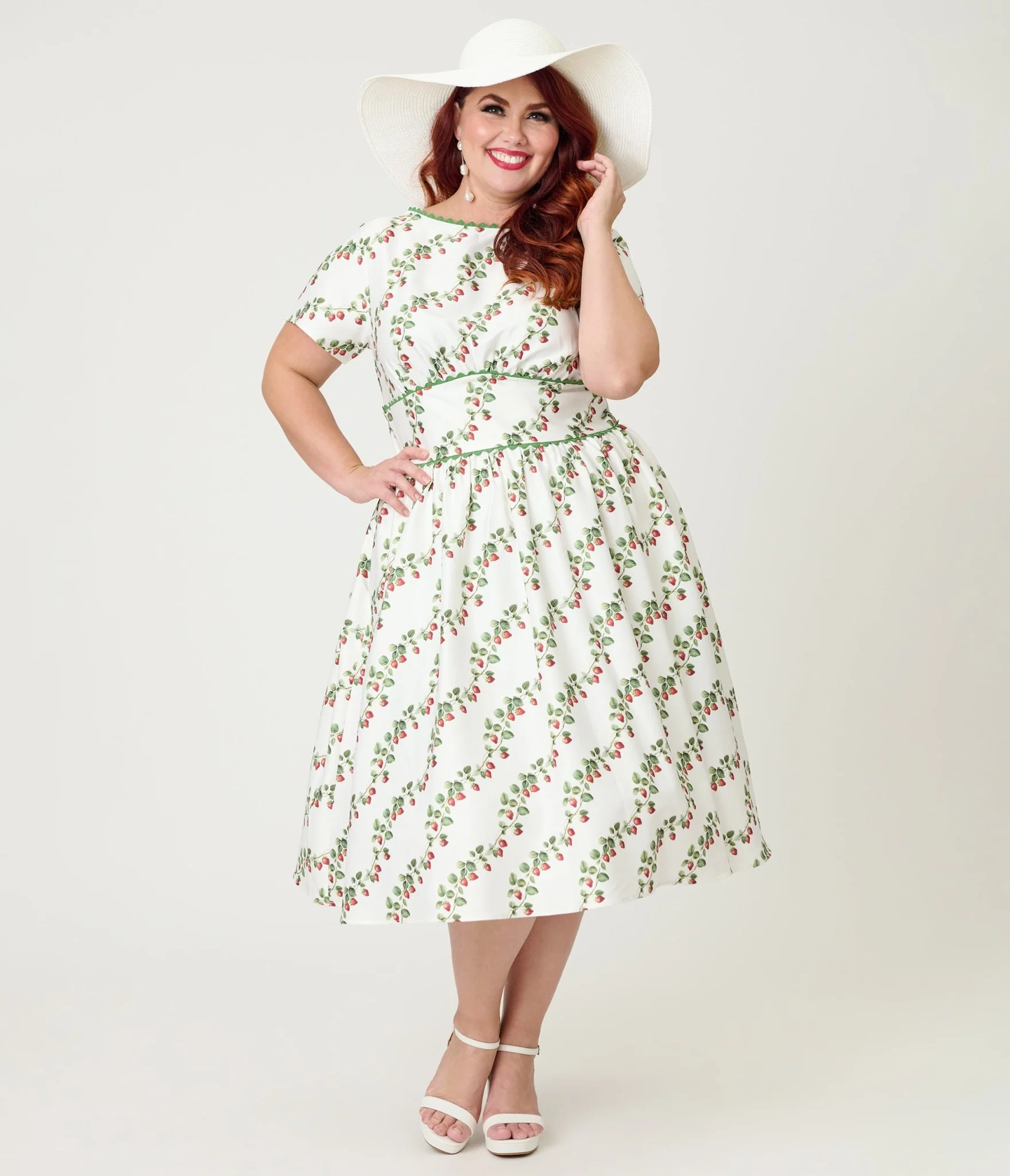 Unique Vintage Plus Size Strawberry Vine Print Swing Dress - Image 3