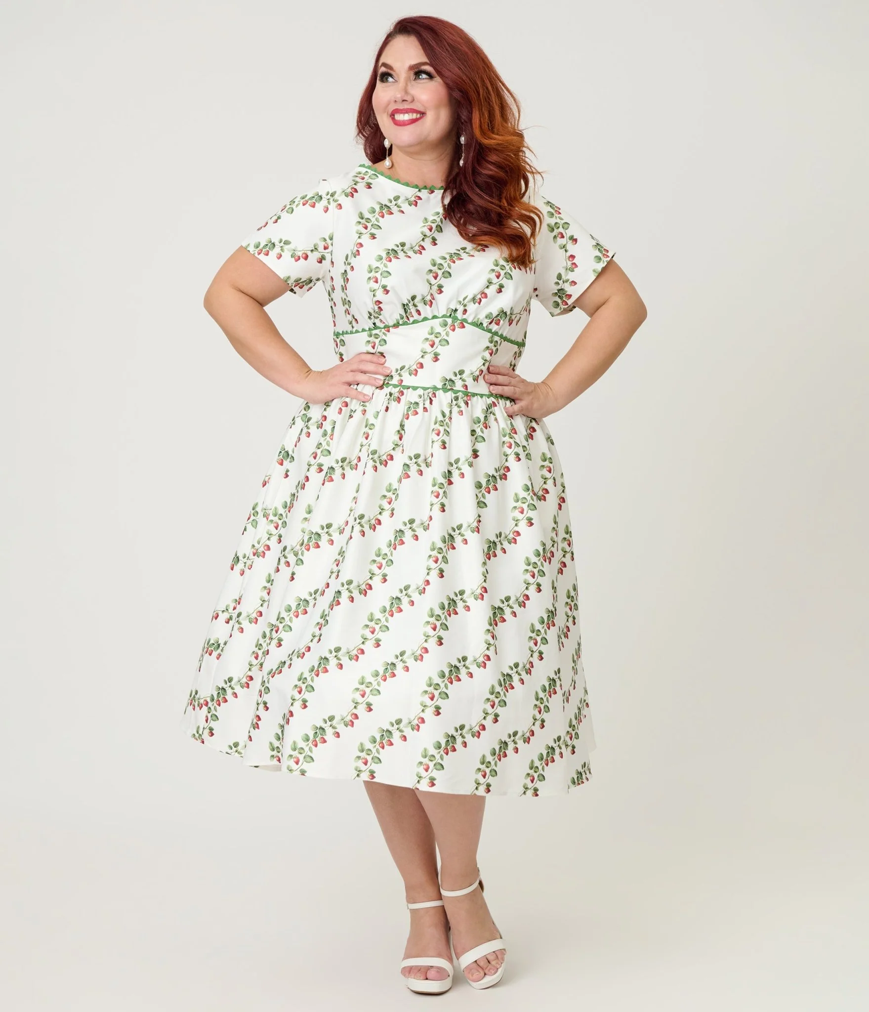 Unique Vintage Plus Size Strawberry Vine Print Swing Dress - Image 5