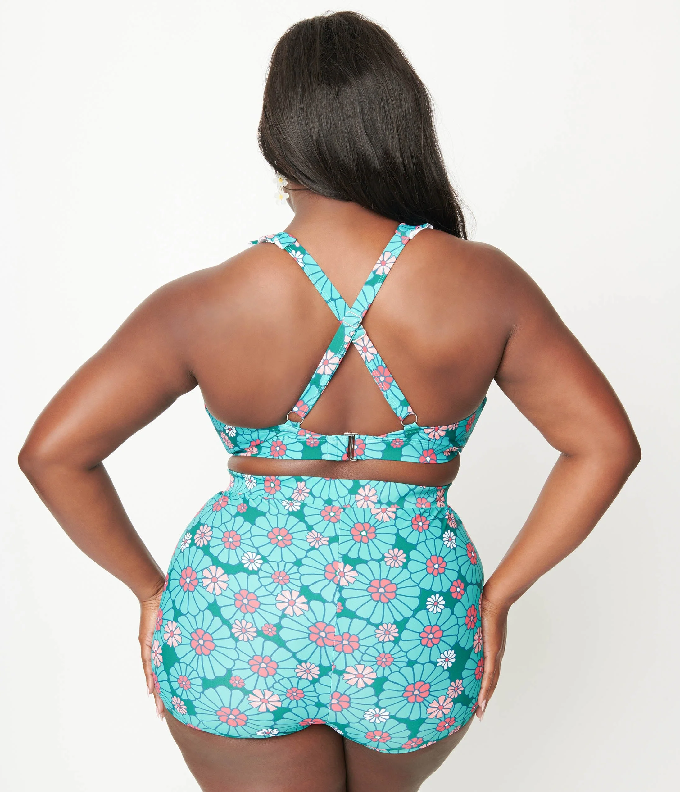 Unique Vintage Plus Size Teal Flower Child Halter Swim Top - Image 3