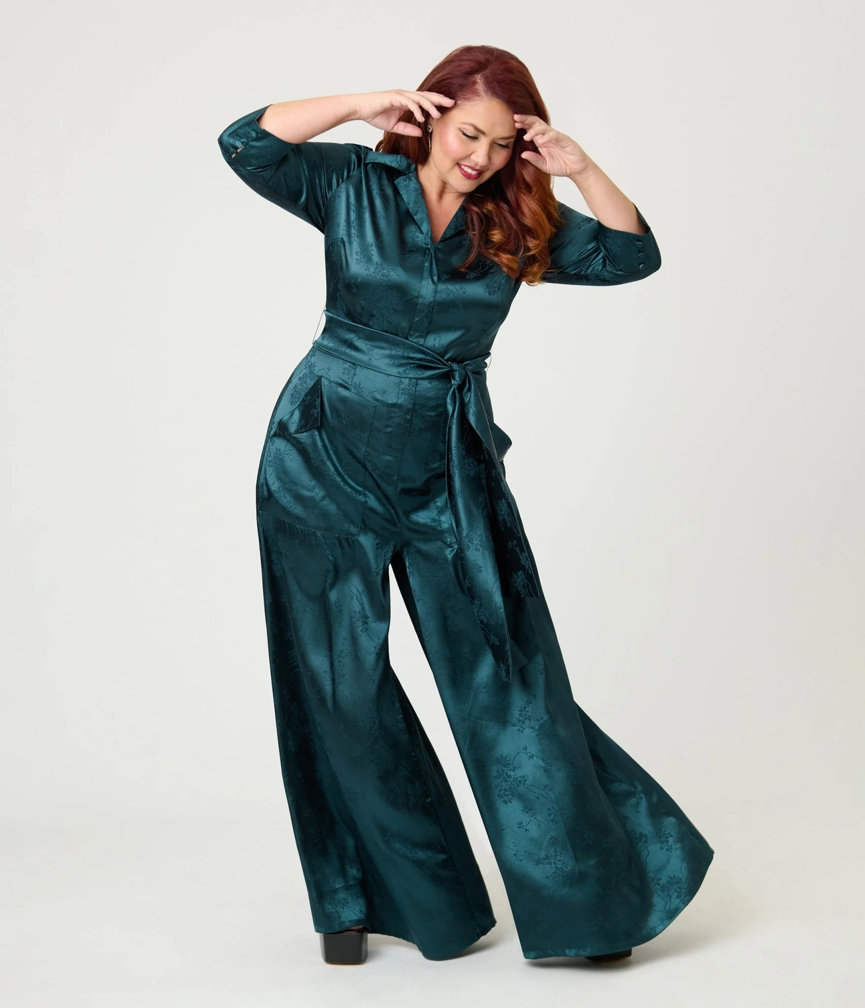 Unique Vintage Plus Size Teal Jacquard Satin Flare Jumpsuit - Image 3