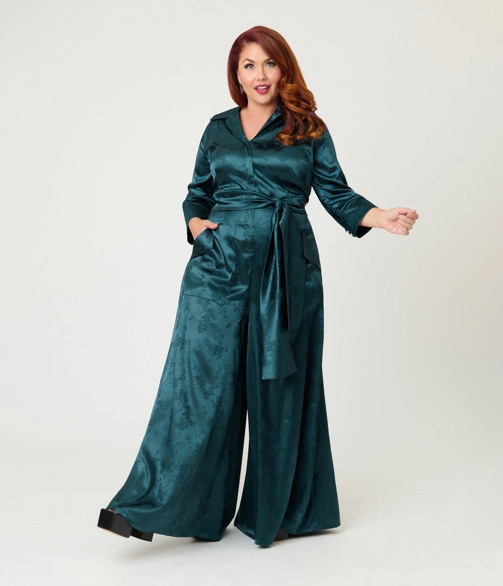Unique Vintage Plus Size Teal Jacquard Satin Flare Jumpsuit - Image 4