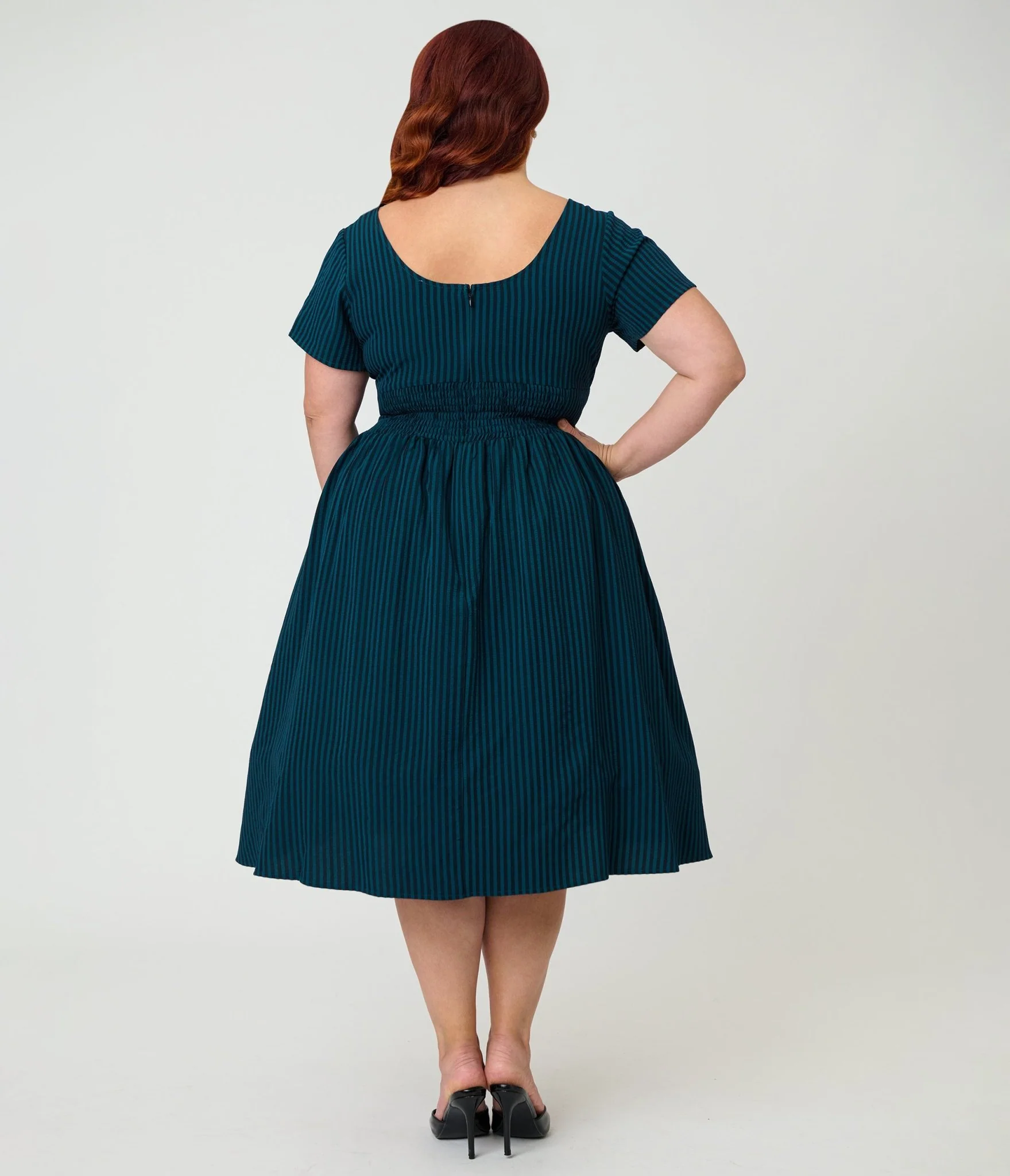 Unique Vintage Plus Size Teal Stripe Dragonfly Brooch Swing Dress - Image 2