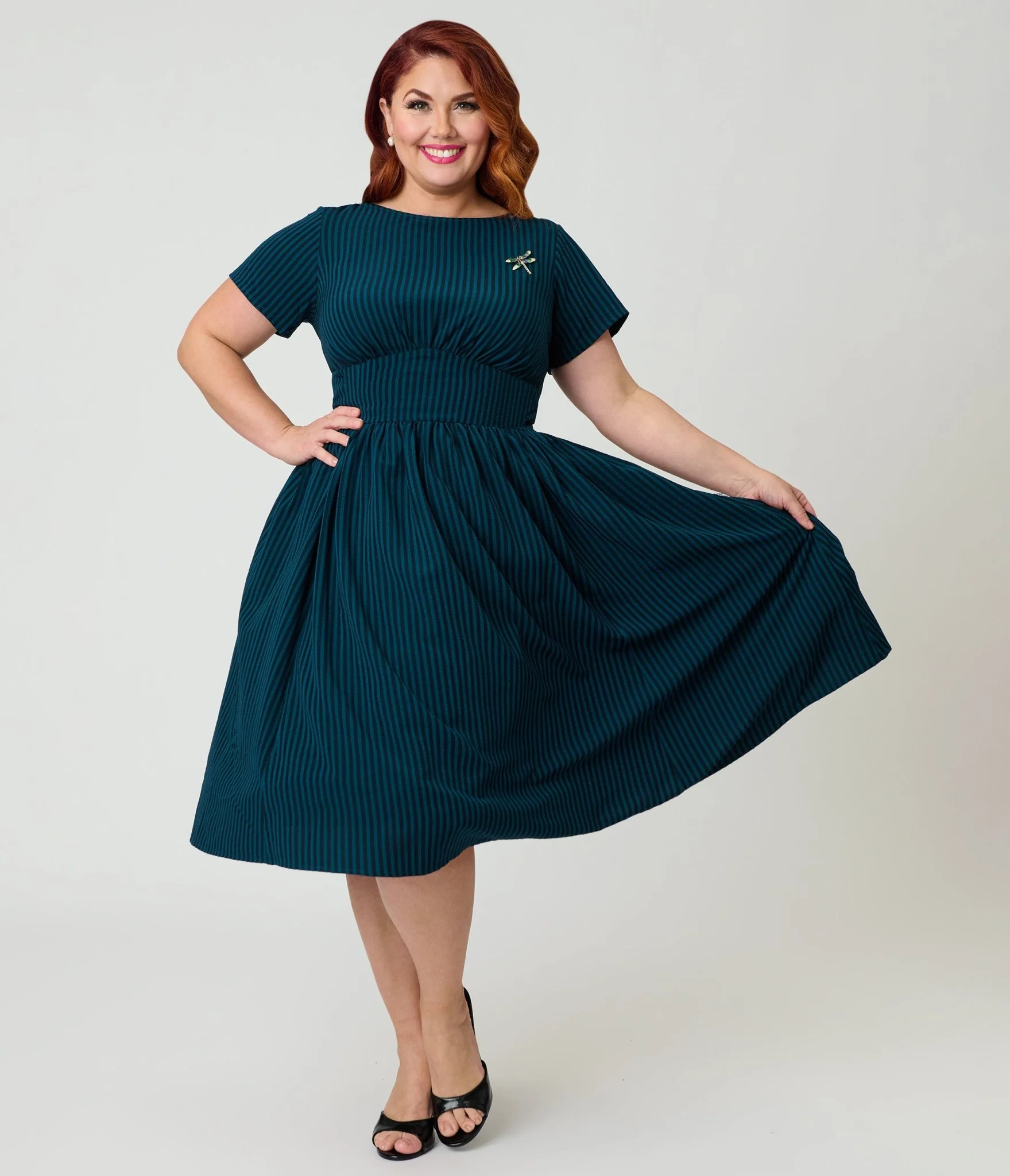 Unique Vintage Plus Size Teal Stripe Dragonfly Brooch Swing Dress - Image 3
