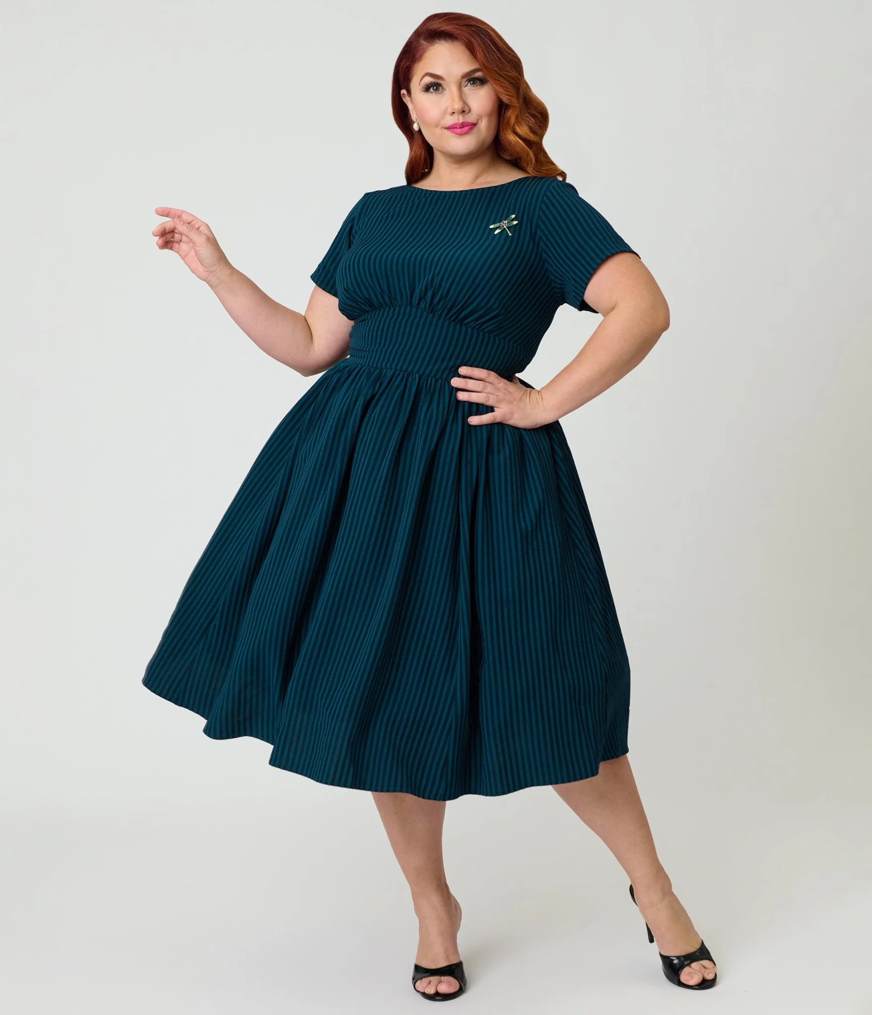 Unique Vintage Plus Size Teal Stripe Dragonfly Brooch Swing Dress - Image 4