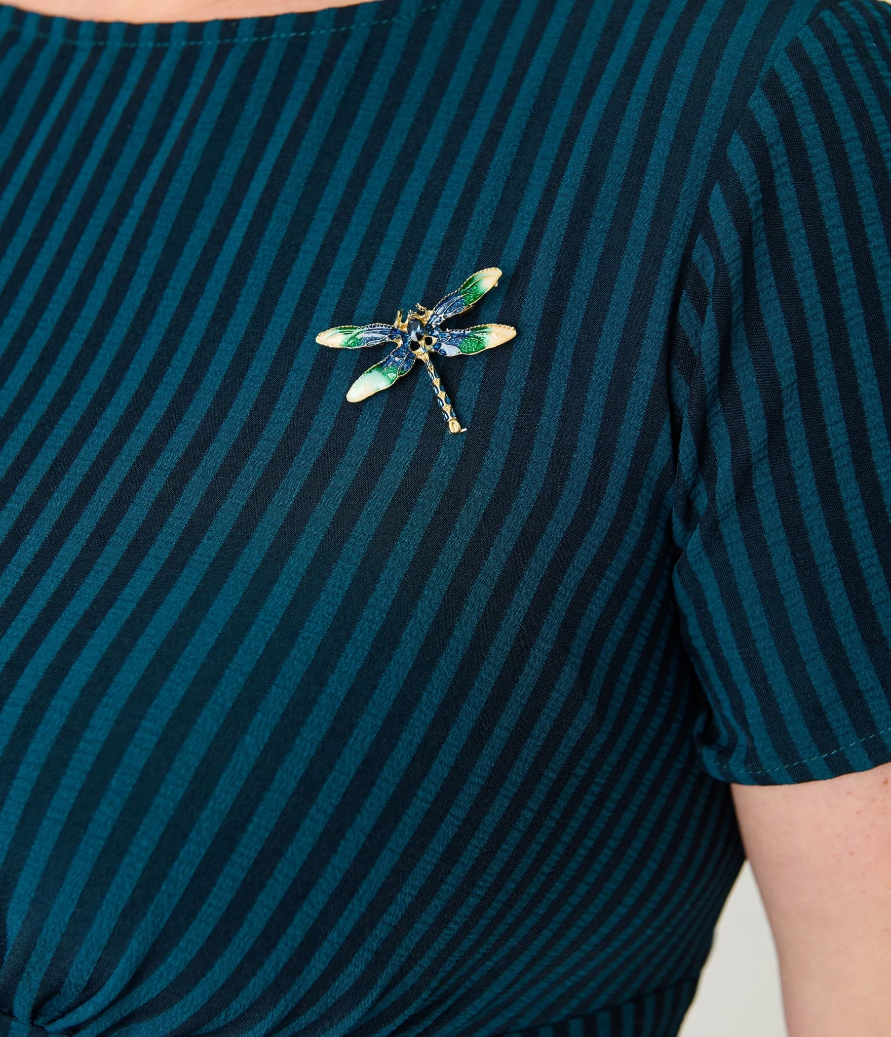 Unique Vintage Plus Size Teal Stripe Dragonfly Brooch Swing Dress - Image 5