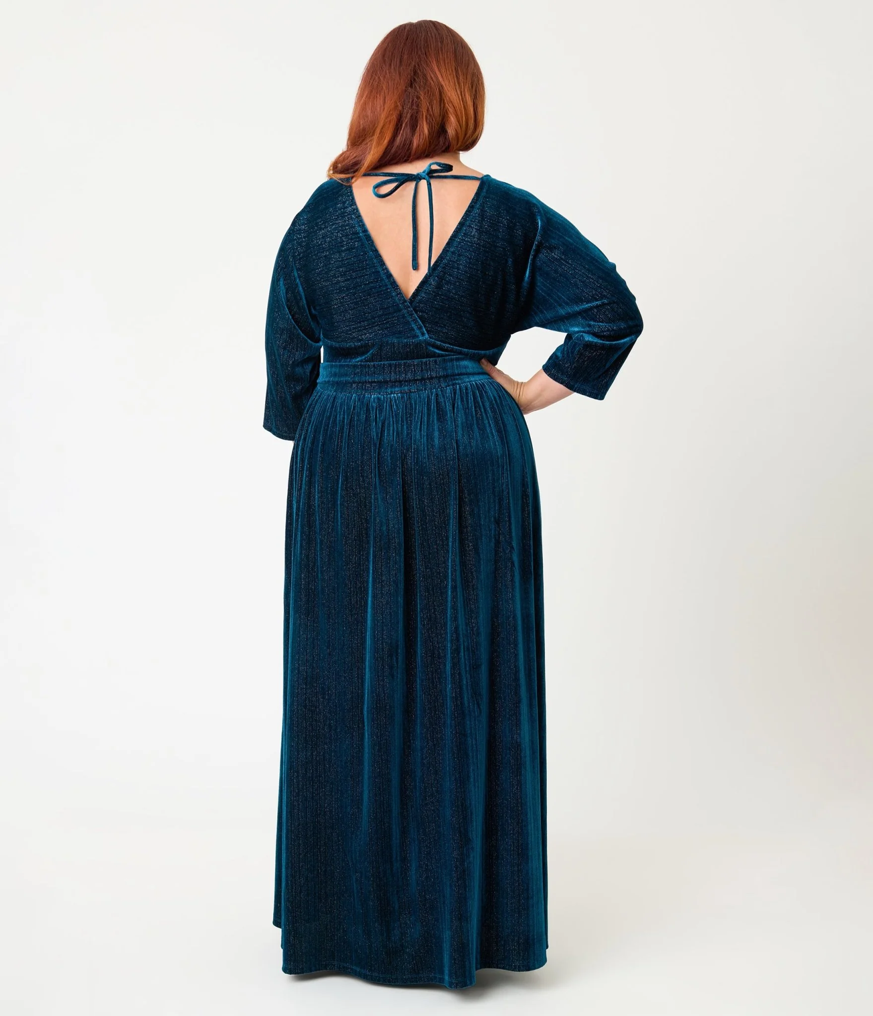 Unique Vintage Plus Size Teal Velvet Batwing Sleeve Maxi Dress - Image 2