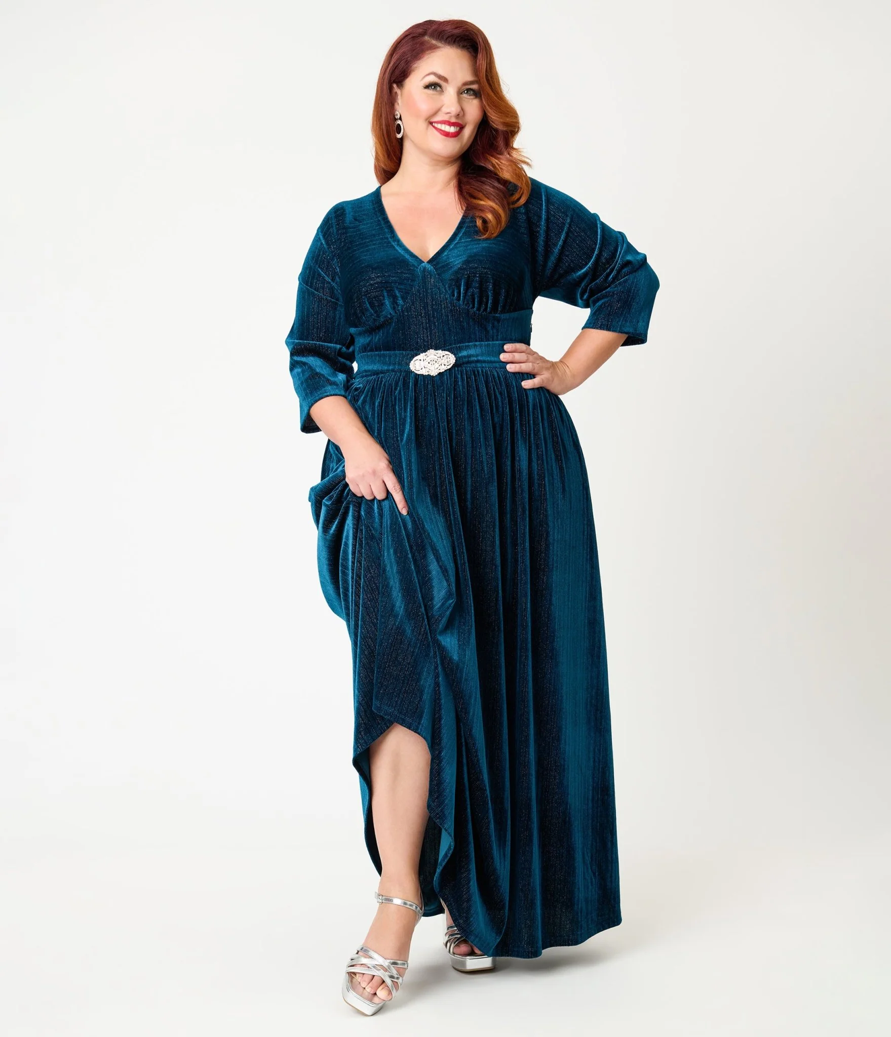 Unique Vintage Plus Size Teal Velvet Batwing Sleeve Maxi Dress - Image 4