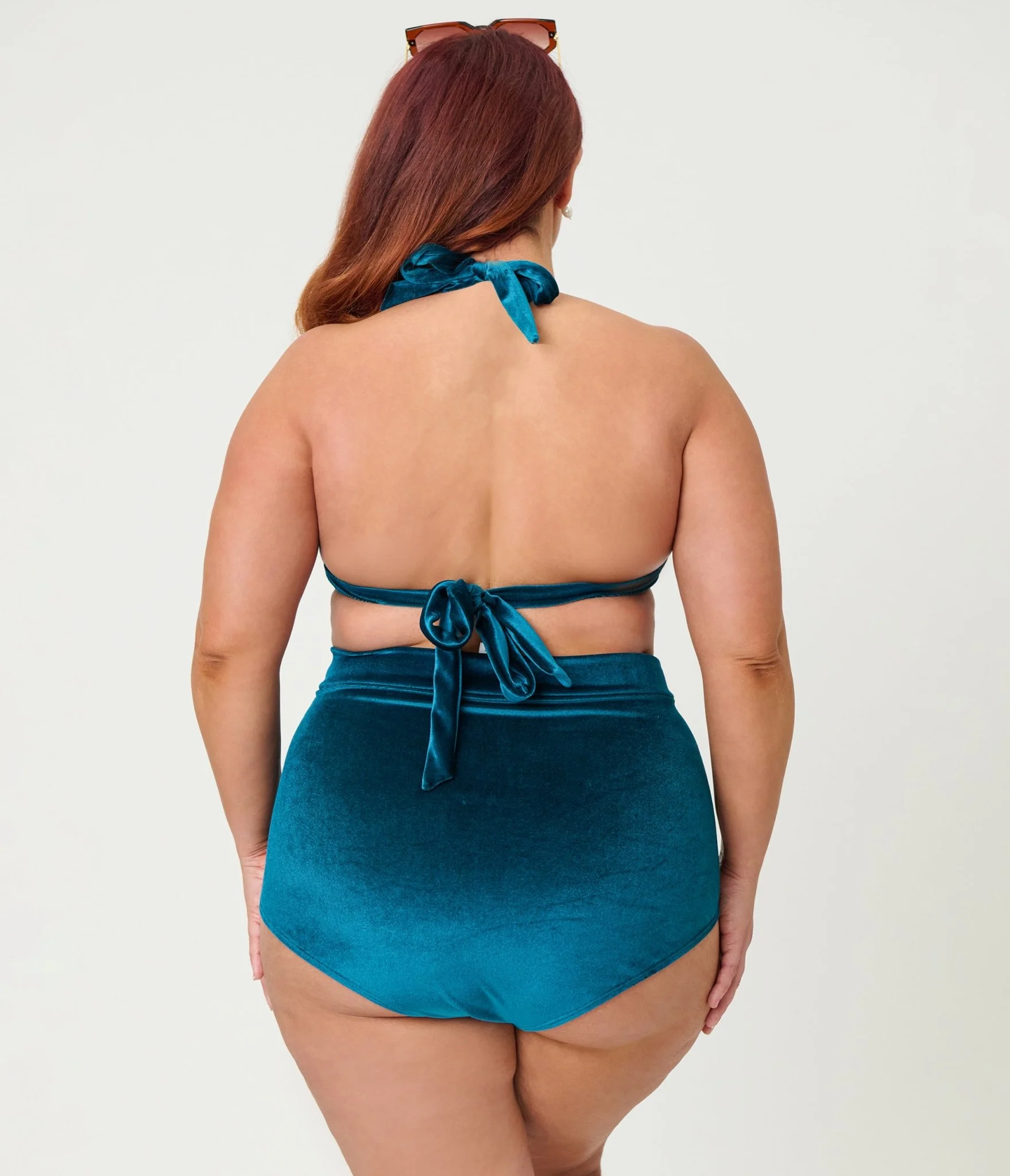 Unique Vintage Plus Size Teal Velvet Monroe High Waist Bikini Bottom - Image 3