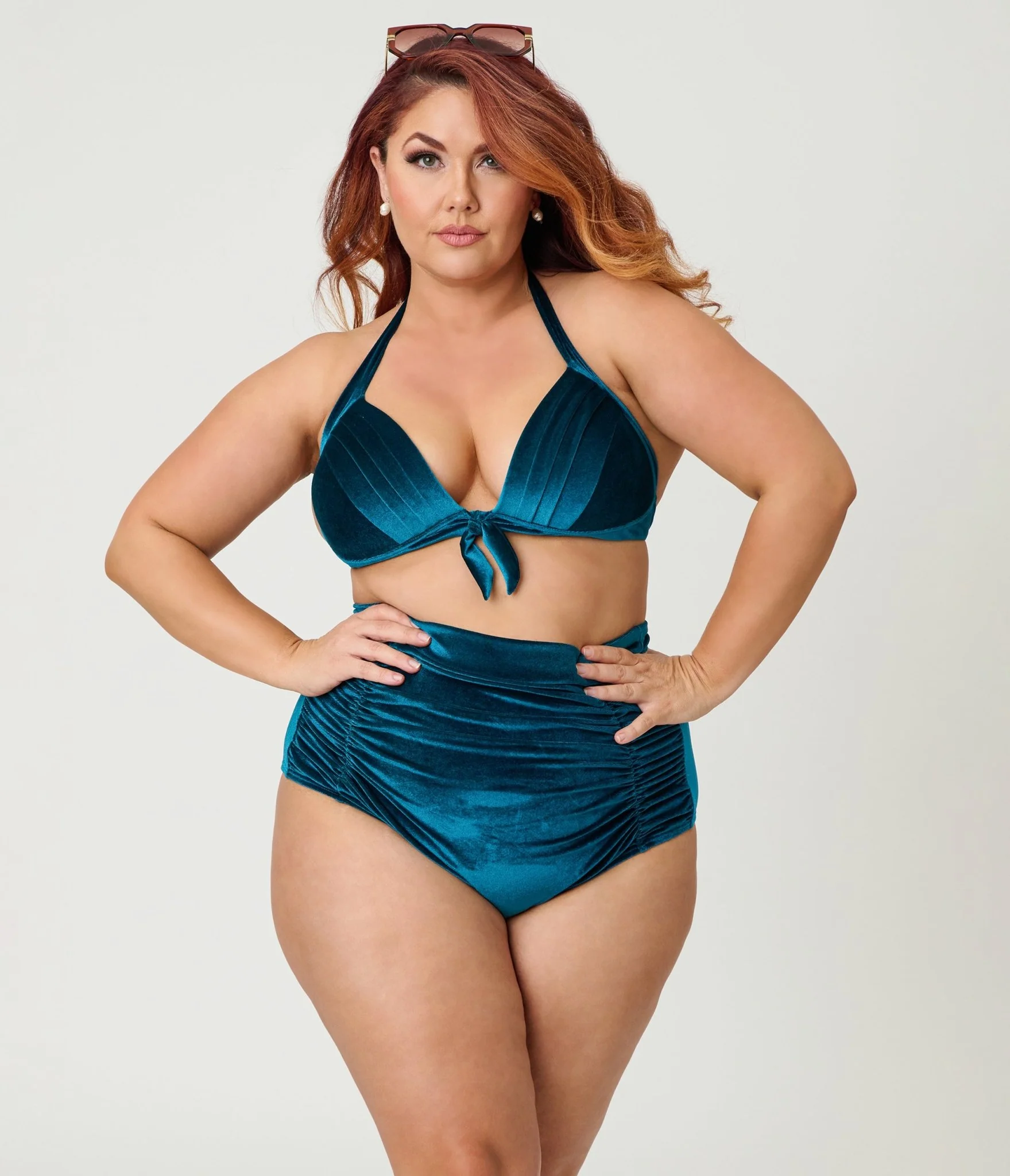 Unique Vintage Plus Size Teal Velvet Monroe High Waist Bikini Bottom - Image 4